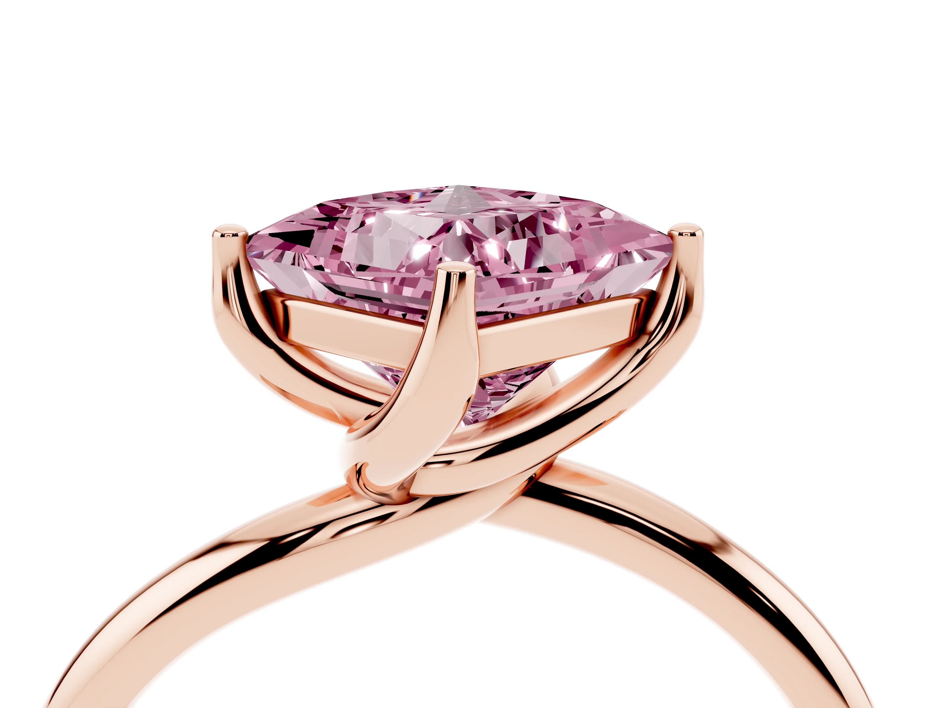 Fancy Pink Princess Cut Diamond Solitaire Engagement Ring Set in Rose gold with Classic Plain Band