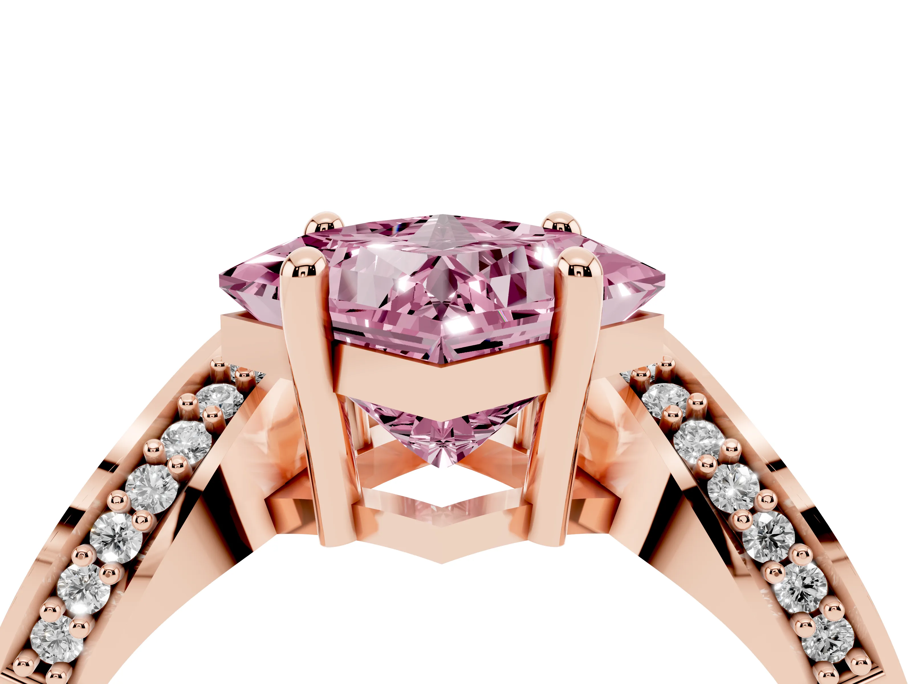 Fancy Pink Princess Cut Diamond Solitaire Engagement Ring Set in Rose gold with Pavé Shoulders