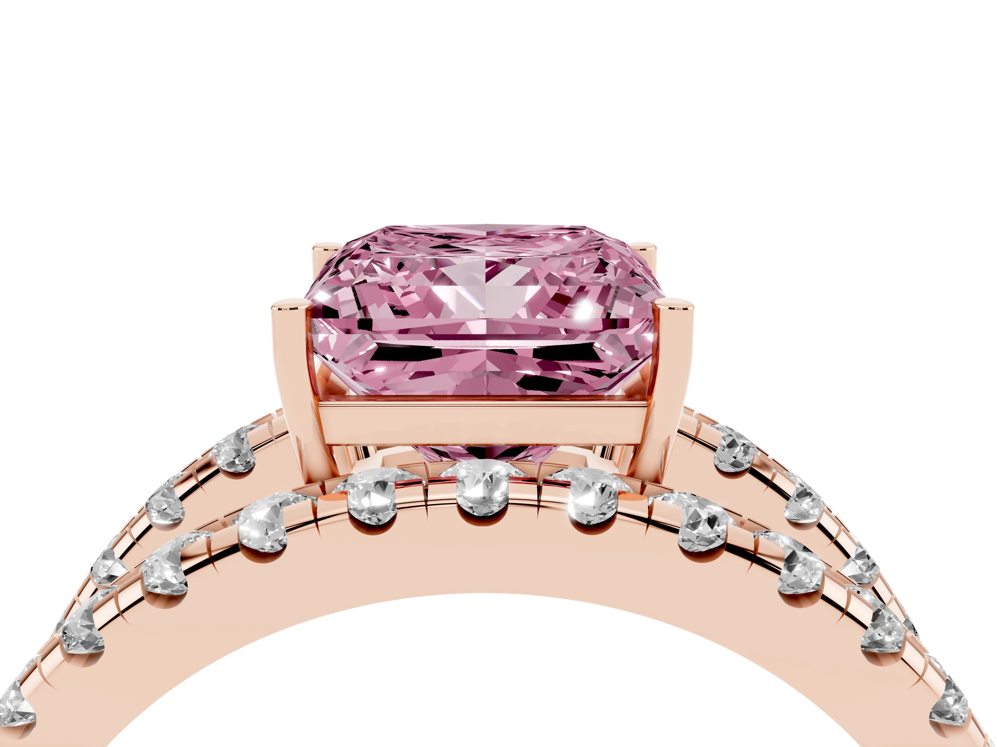 Fancy Pink Princess Cut Diamond Split Shank Pavé Solitaire Ring Set in Rose gold with Open Shank Design