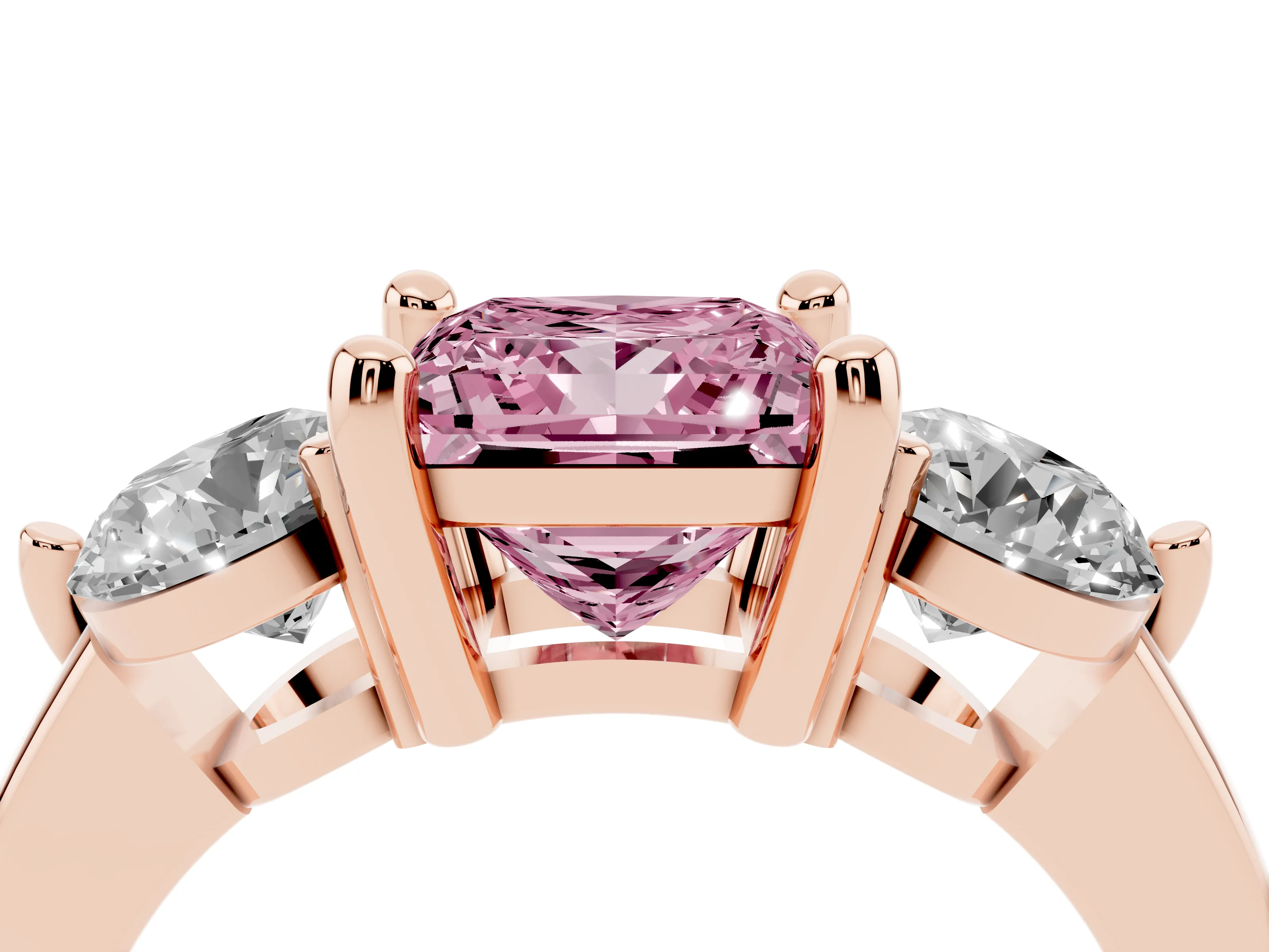 Fancy Pink Princess Cut Diamond Three-Stone Ring Set in Rose gold with Prong Setting and Classic Band