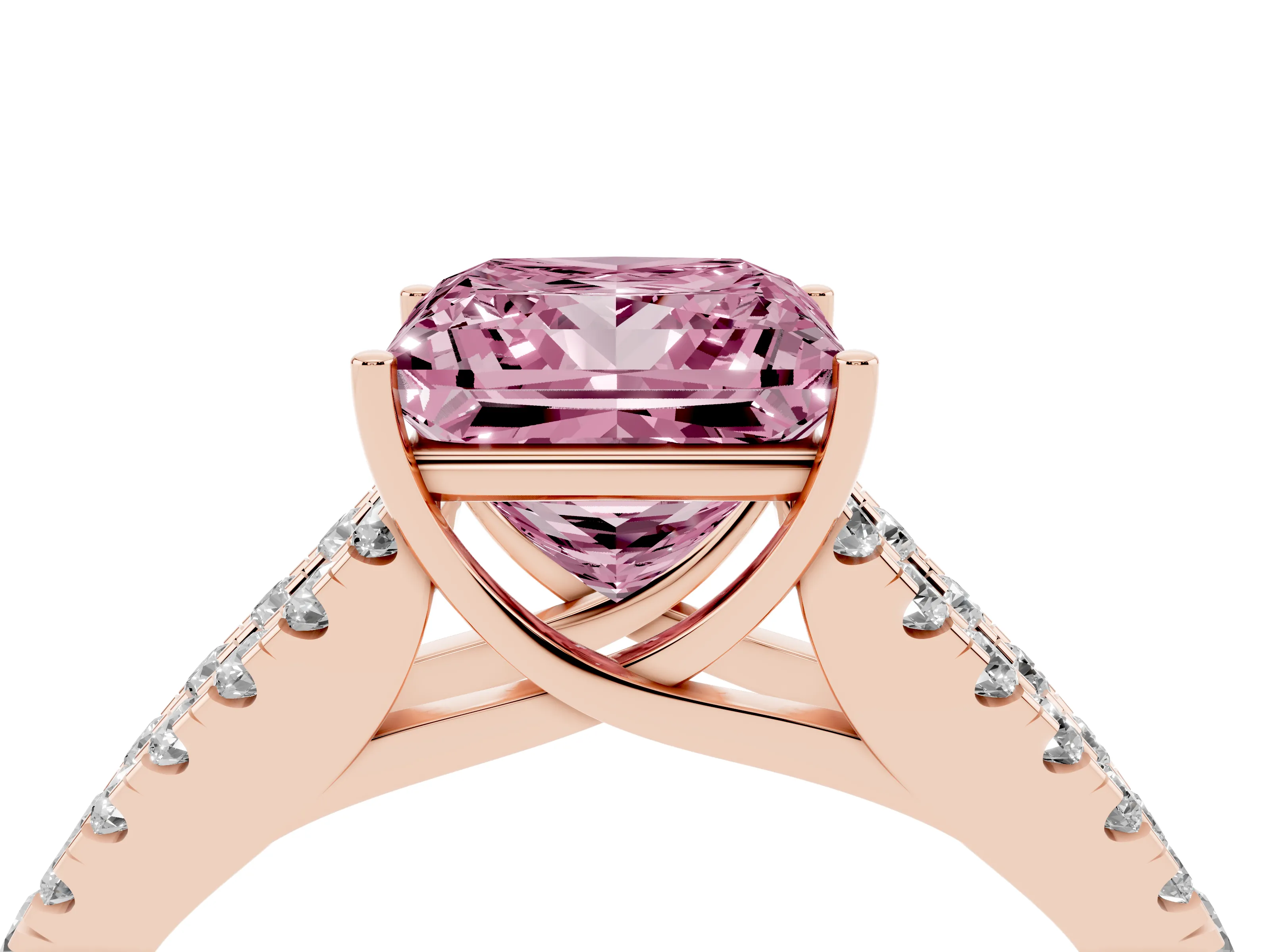 Fancy Pink Princess Cut Diamond Split Shank Pavé Engagement Ring Set in Rose gold with Prong-Held Center Stone