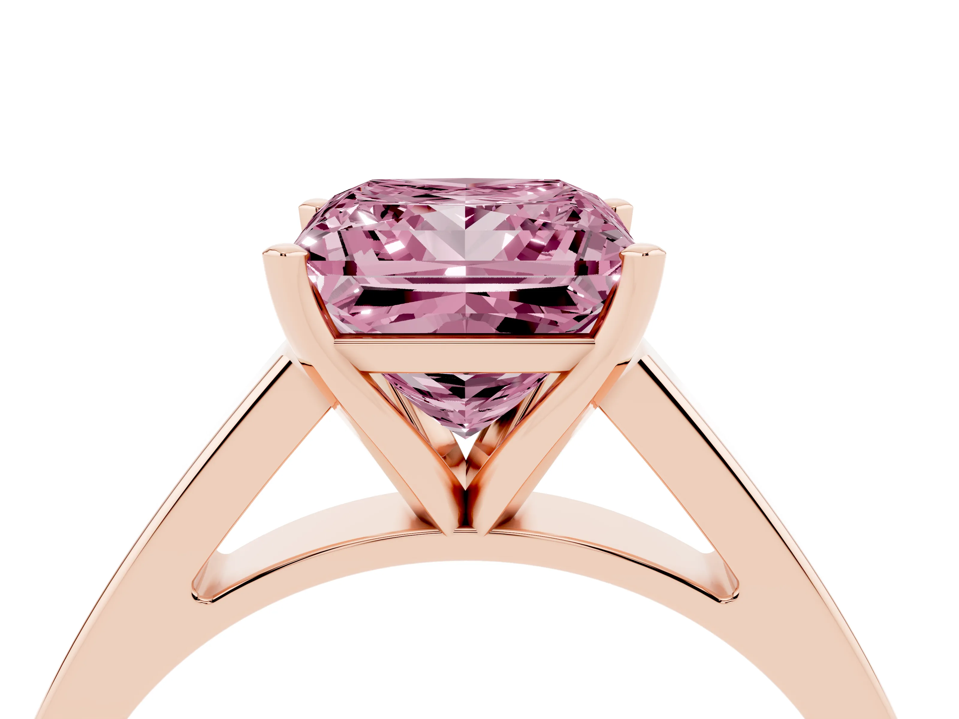 Fancy Pink Princess Cut Diamond Solitaire Engagement Ring Set in Rose gold with Prong Setting and Tapered Band