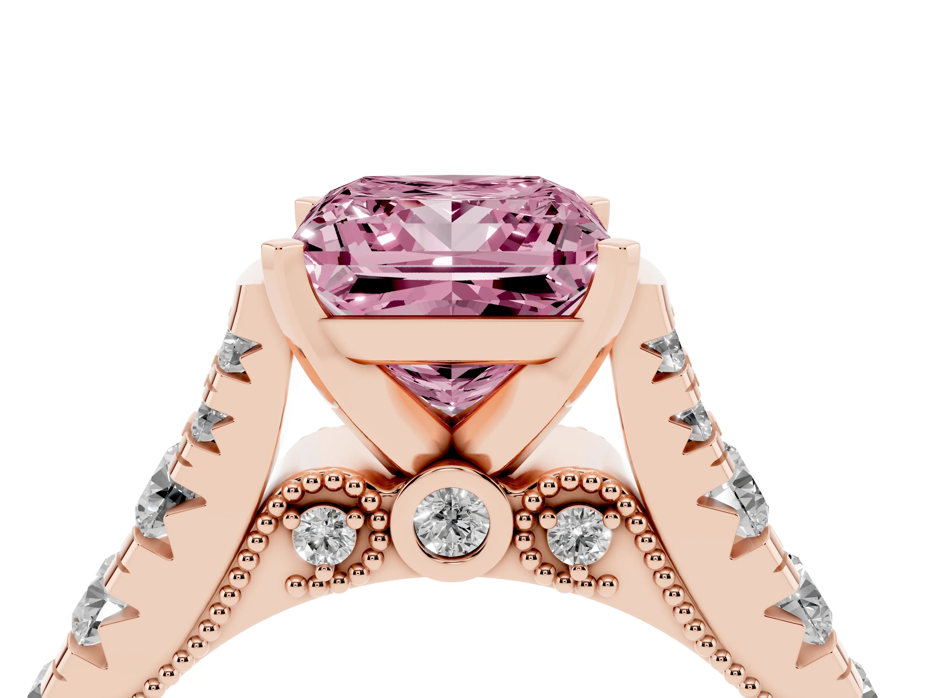 Fancy Pink Princess Cut Diamond Classic Solitaire Ring Set in Rose gold with Pavé Band and Prong Setting