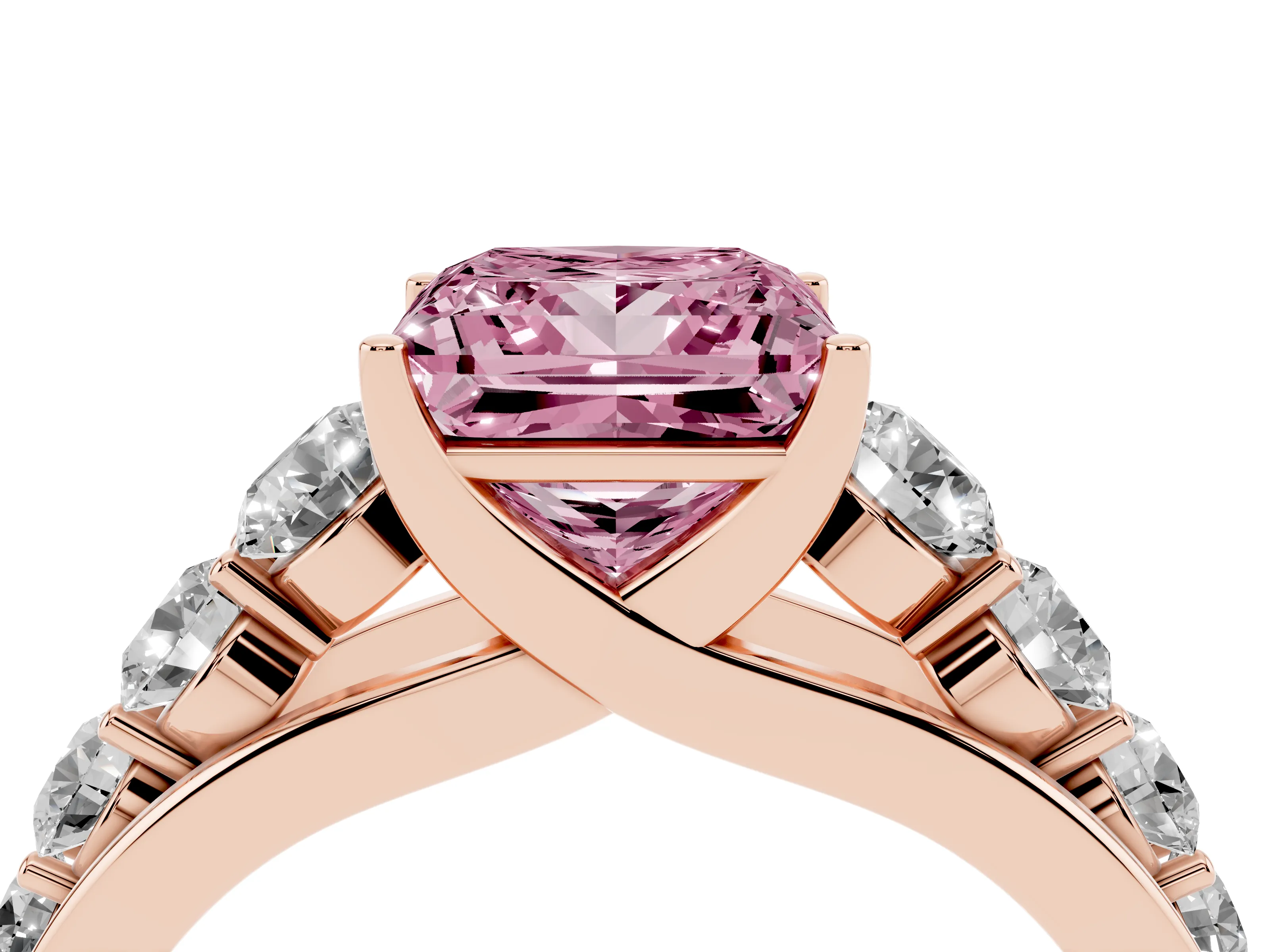 Fancy Pink Princess Cut Diamond Solitaire Ring Set in Rose gold with Pavé-Set Band and Prong Setting