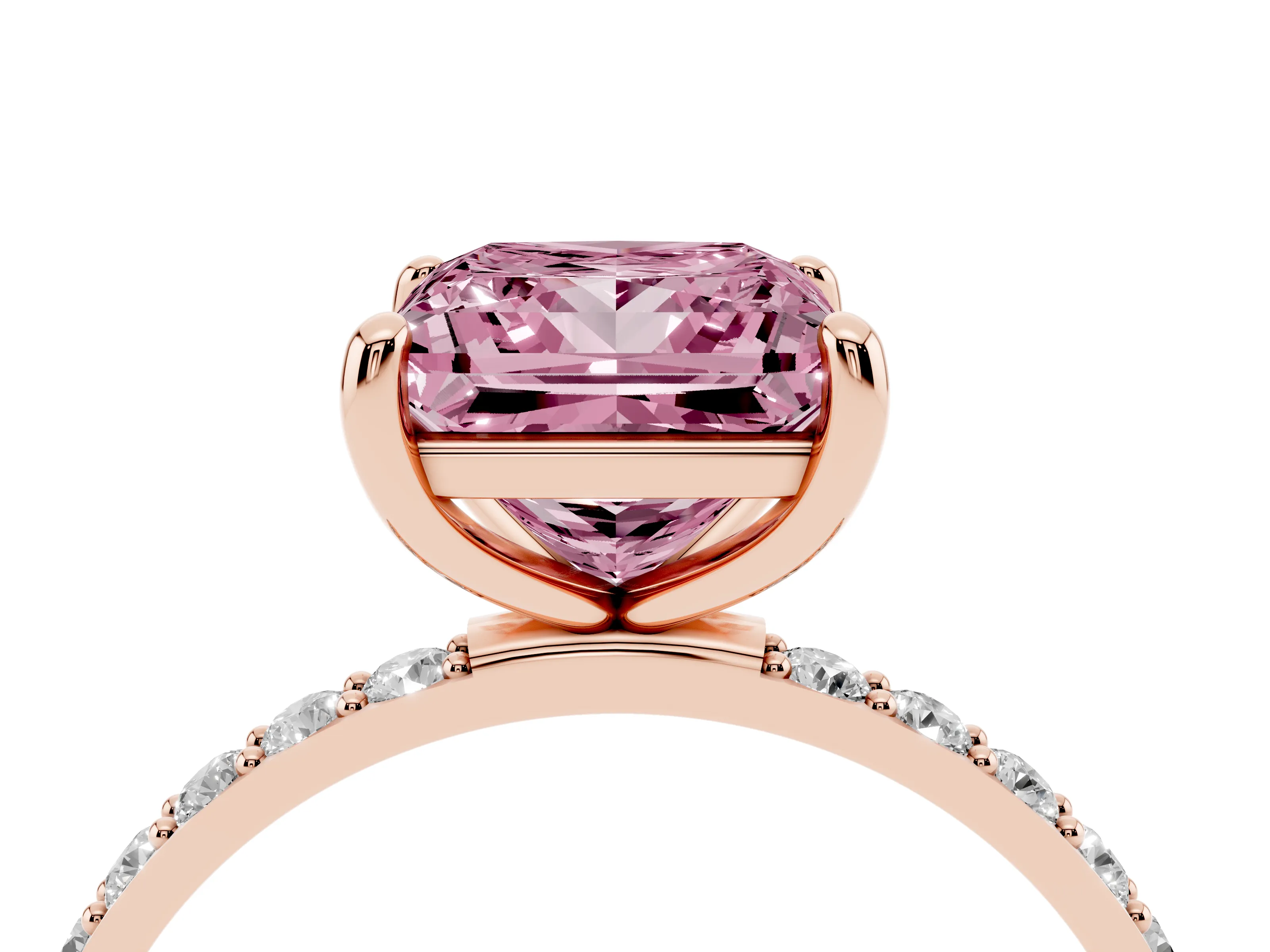 Fancy Pink Princess Cut Diamond Solitaire Ring Set in Rose gold with Round Pavé Band and Prong Setting