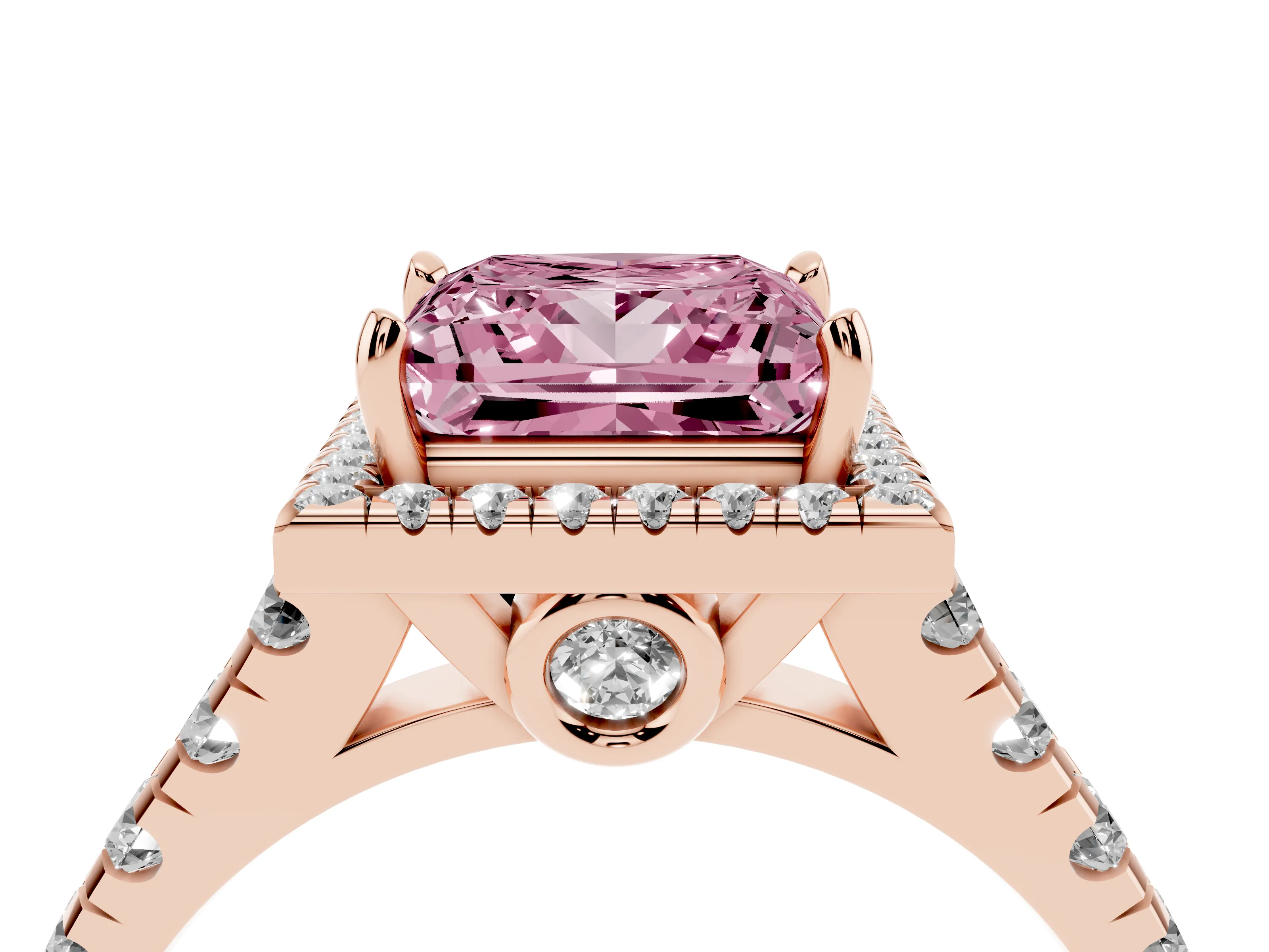 Fancy Pink Princess Cut Diamond Halo Engagement Ring Set in Rose gold with Pavé Band and Prong-Set Center