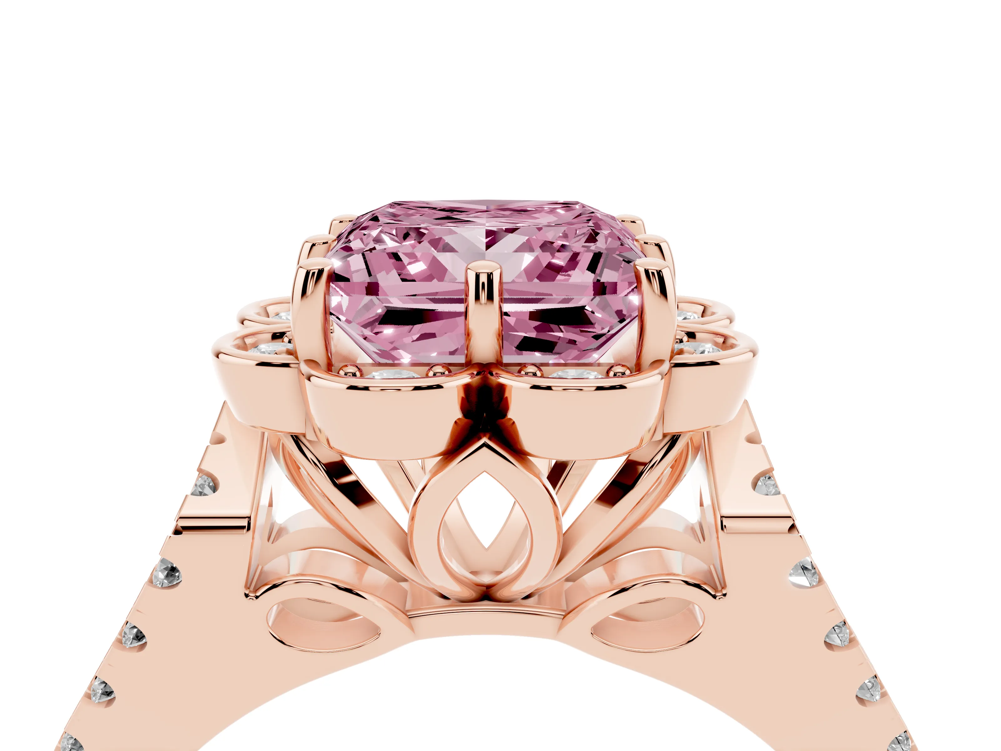 Fancy Pink Princess Cut Diamond Floral Halo Split Shank Engagement Ring Set in Rose gold with Pavé Shank