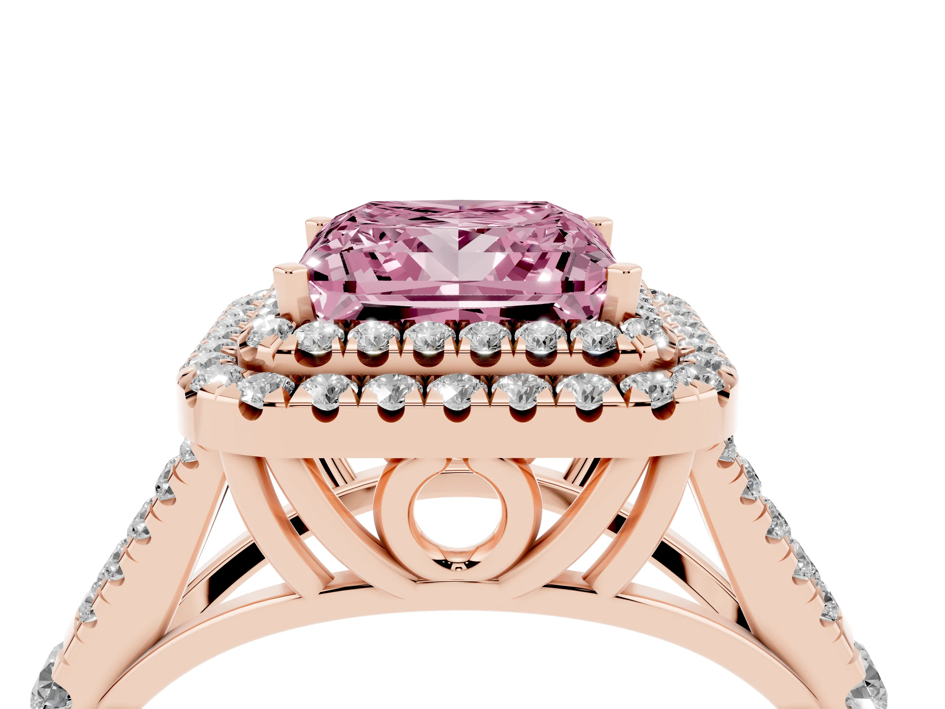 Fancy Pink Princess Cut Diamond Pavé Split Shank Double Halo Engagement Ring Set in Rose gold