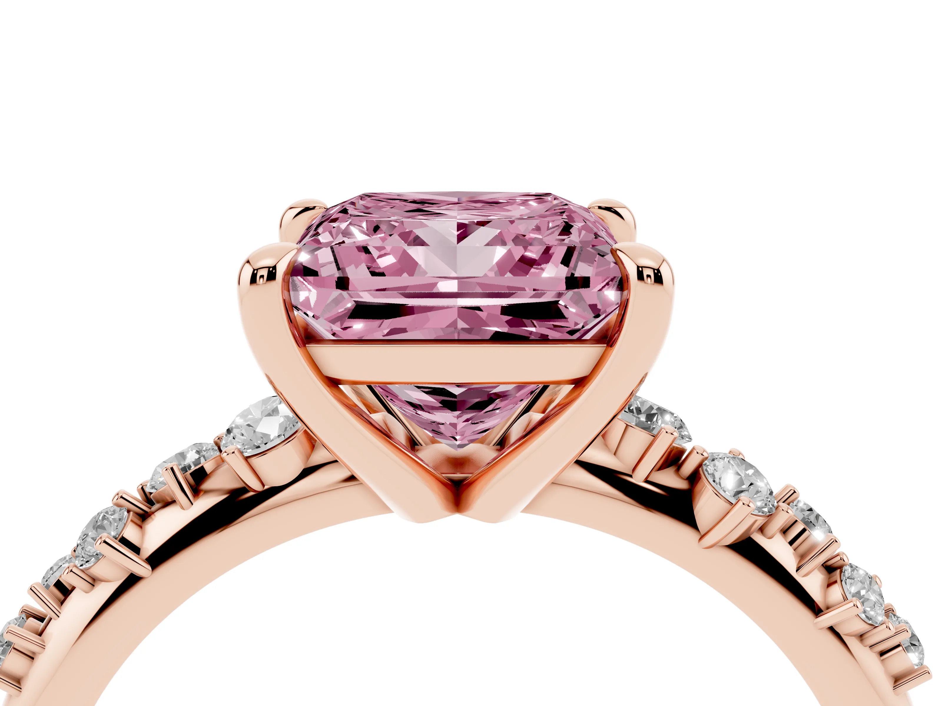 Fancy Pink Princess Cut Diamond Solitaire Vine Band Ring Set in Rose gold with Round Accents and Prong Setting