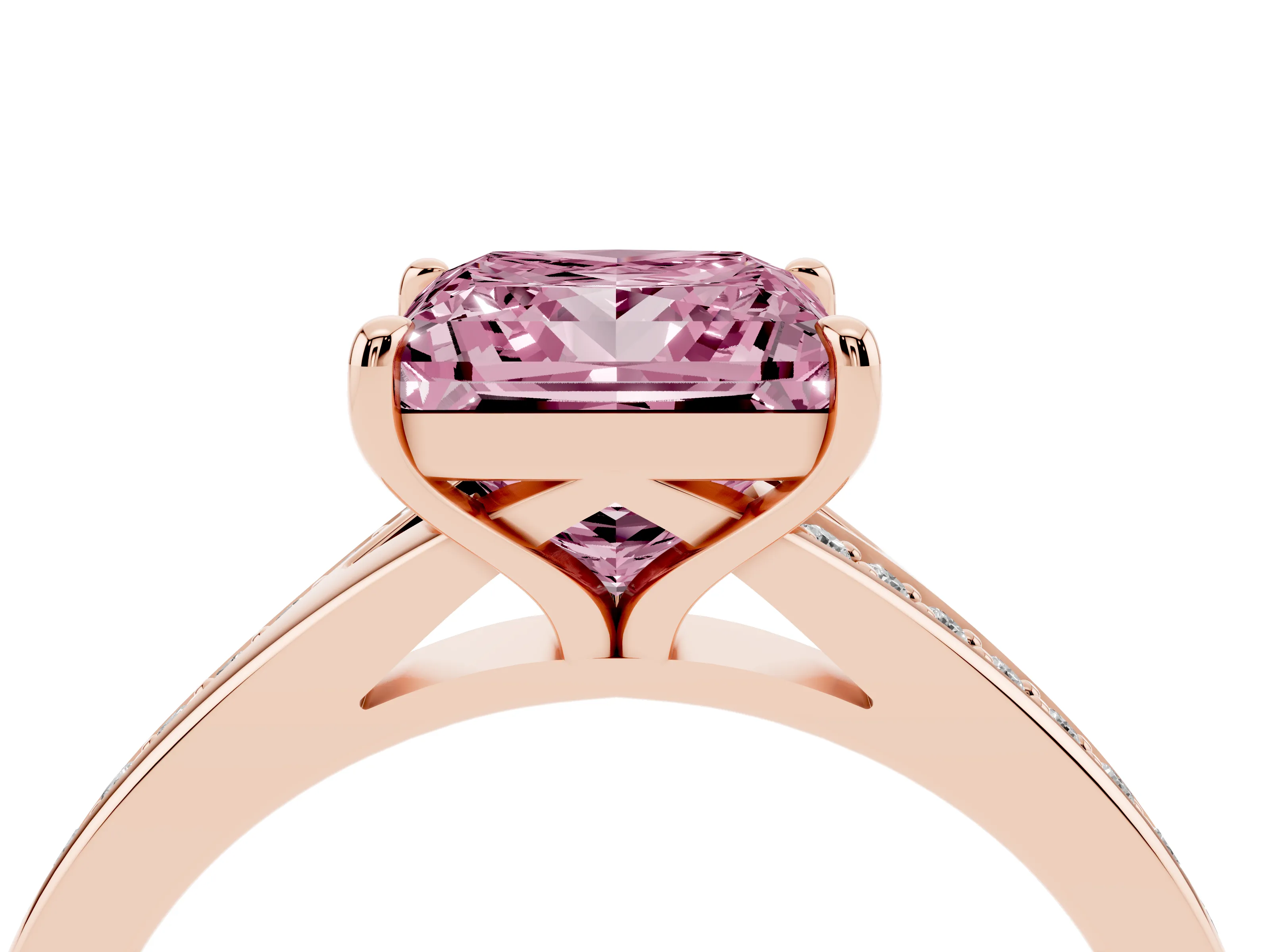Fancy Pink Princess Cut Diamond Solitaire Ring Set in Rose gold with Pavé Accent Band and Classic Prong Setting