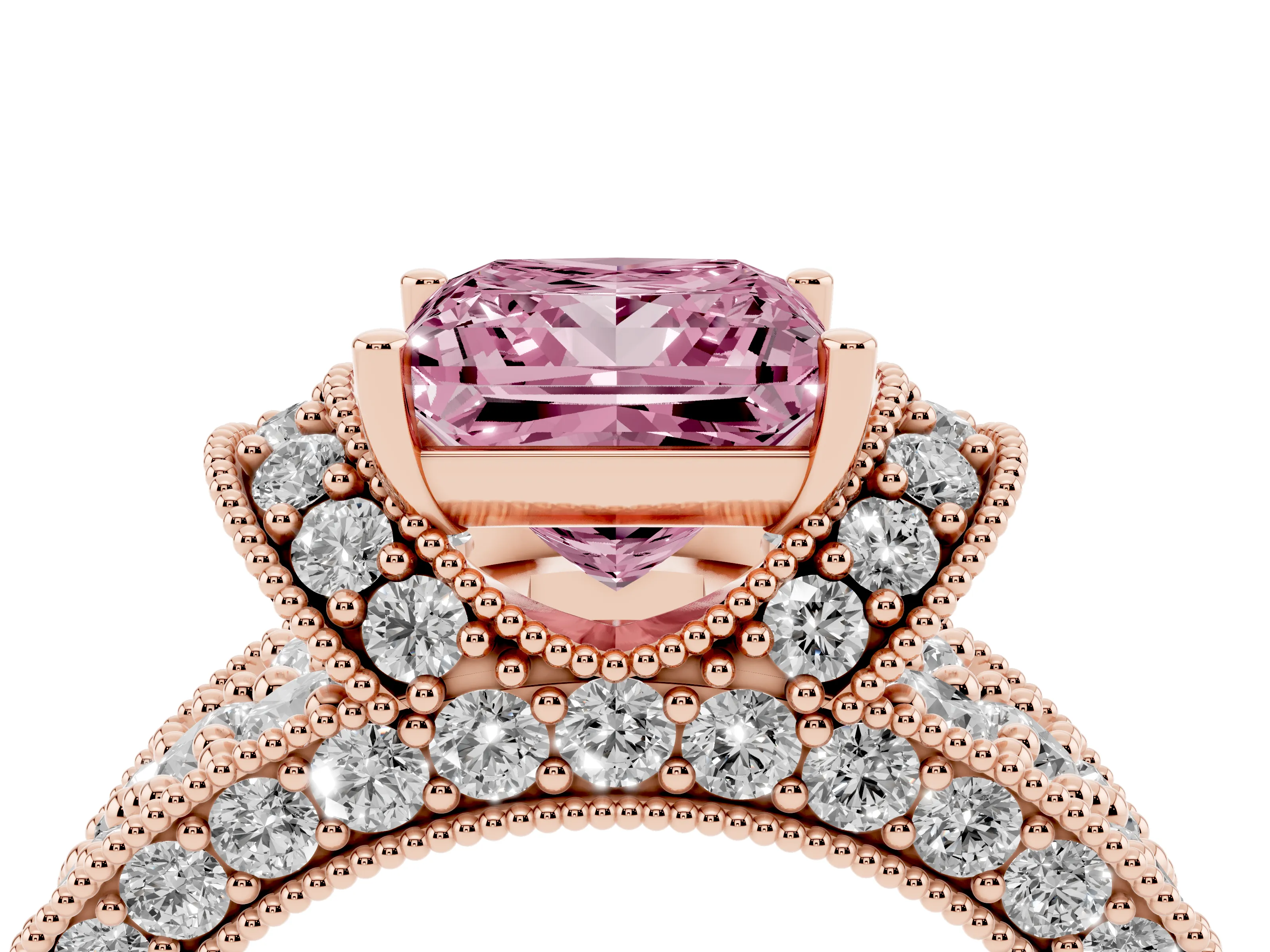Fancy Pink Princess Cut Diamond Milgrain Halo Pavé Engagement Ring Set in Rose gold with Prong Setting