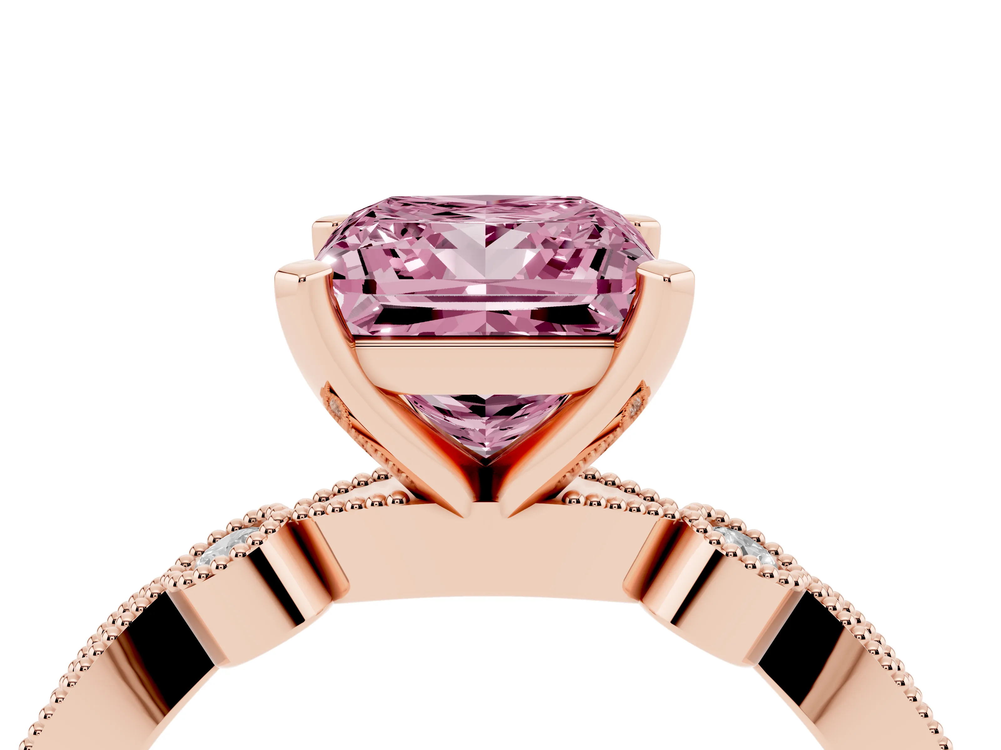 Fancy Pink Princess Cut Diamond Solitaire Engagement Ring Set in Rose gold with Milgrain Bezel Accent Band