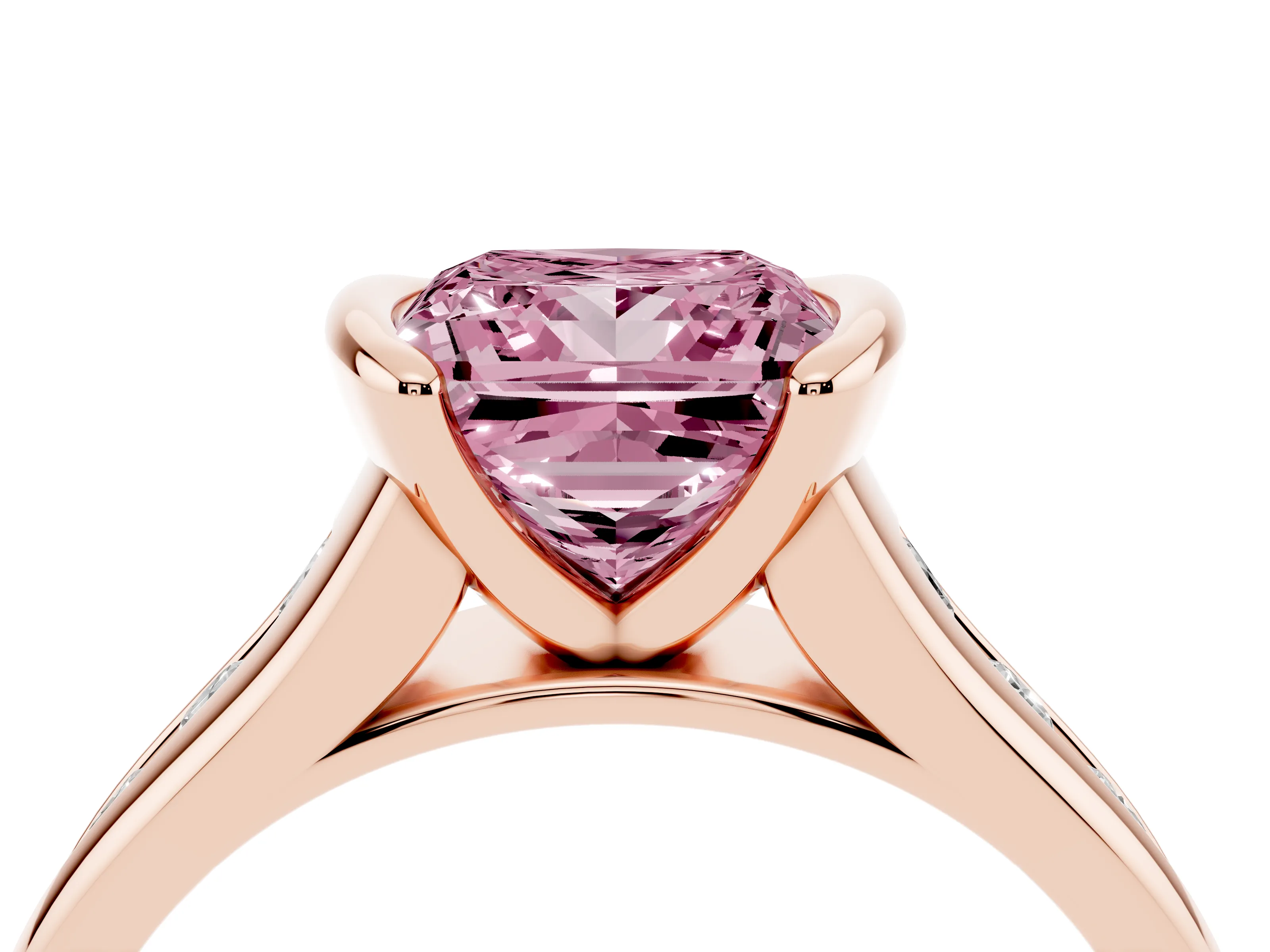 Fancy Pink Princess Cut Diamond Bezel-Set Solitaire Ring Set in Rose gold with Channel-Set Band