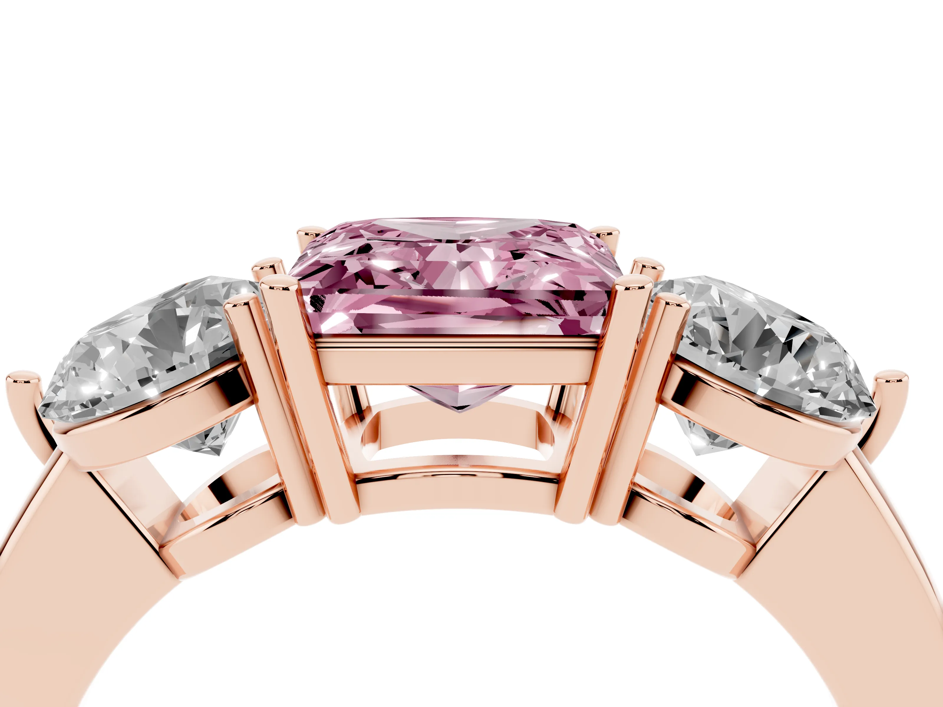 Fancy Pink Princess Cut Diamond Three-Stone Ring Set in Rose gold with Prong Setting and Plain Band