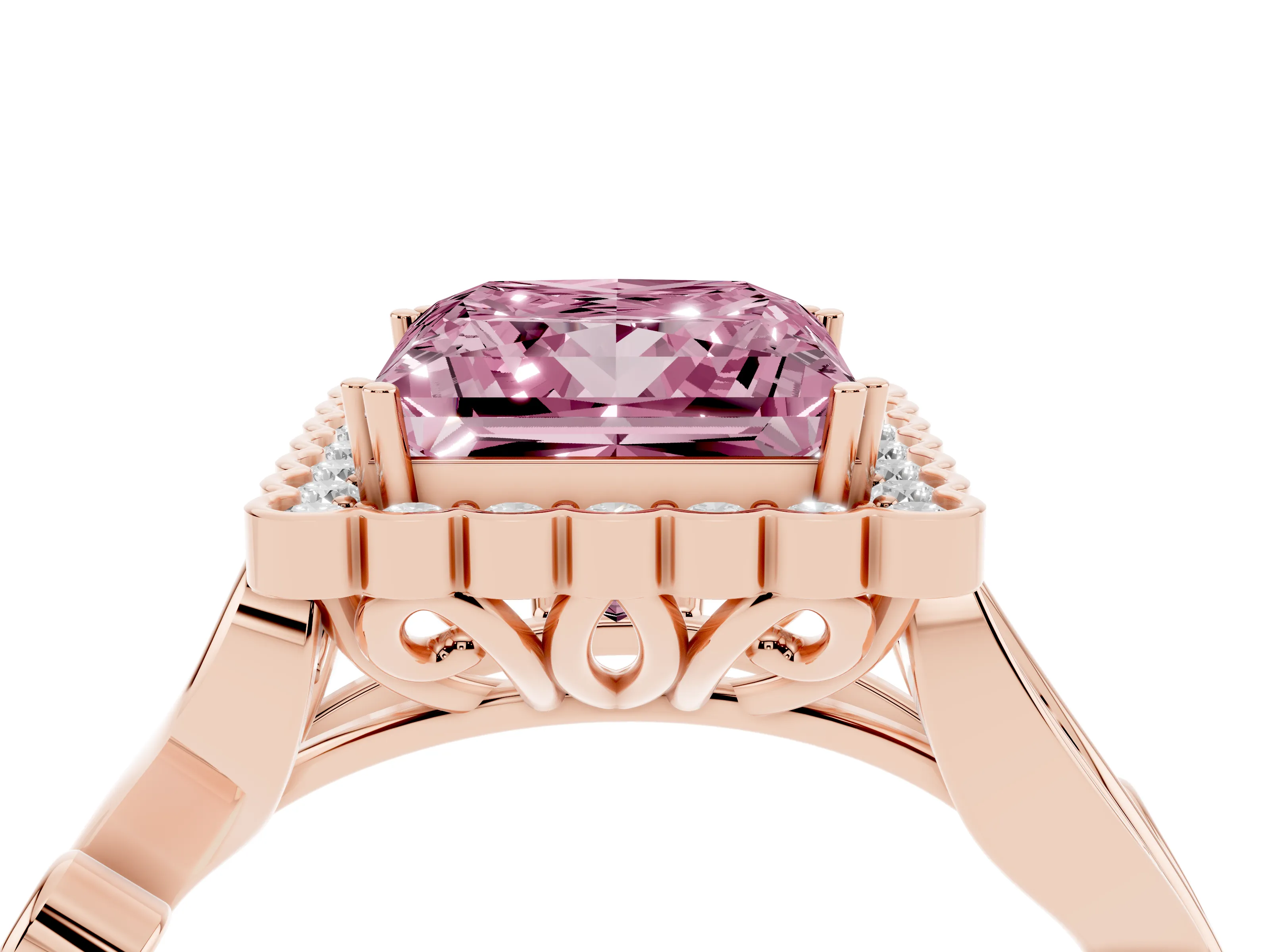 Fancy Pink Princess Cut Diamond Halo Ring Set in Rose gold with Leaf Motif Split Shank and Prong Setting