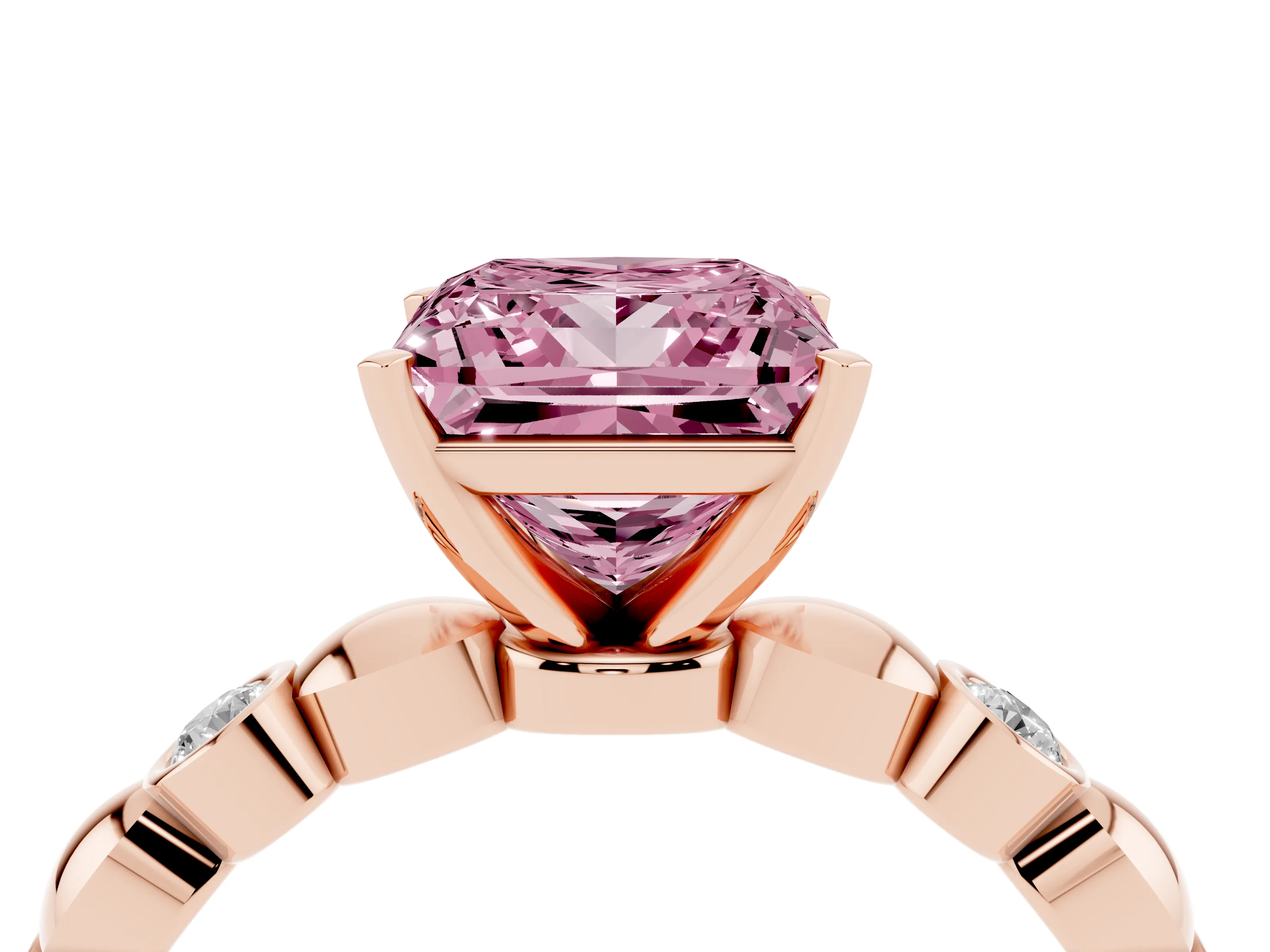 Fancy Pink Princess Cut Diamond Solitaire Ring Set in Rose gold with Bezel-Set Accents on Beaded Band and Prong Setting