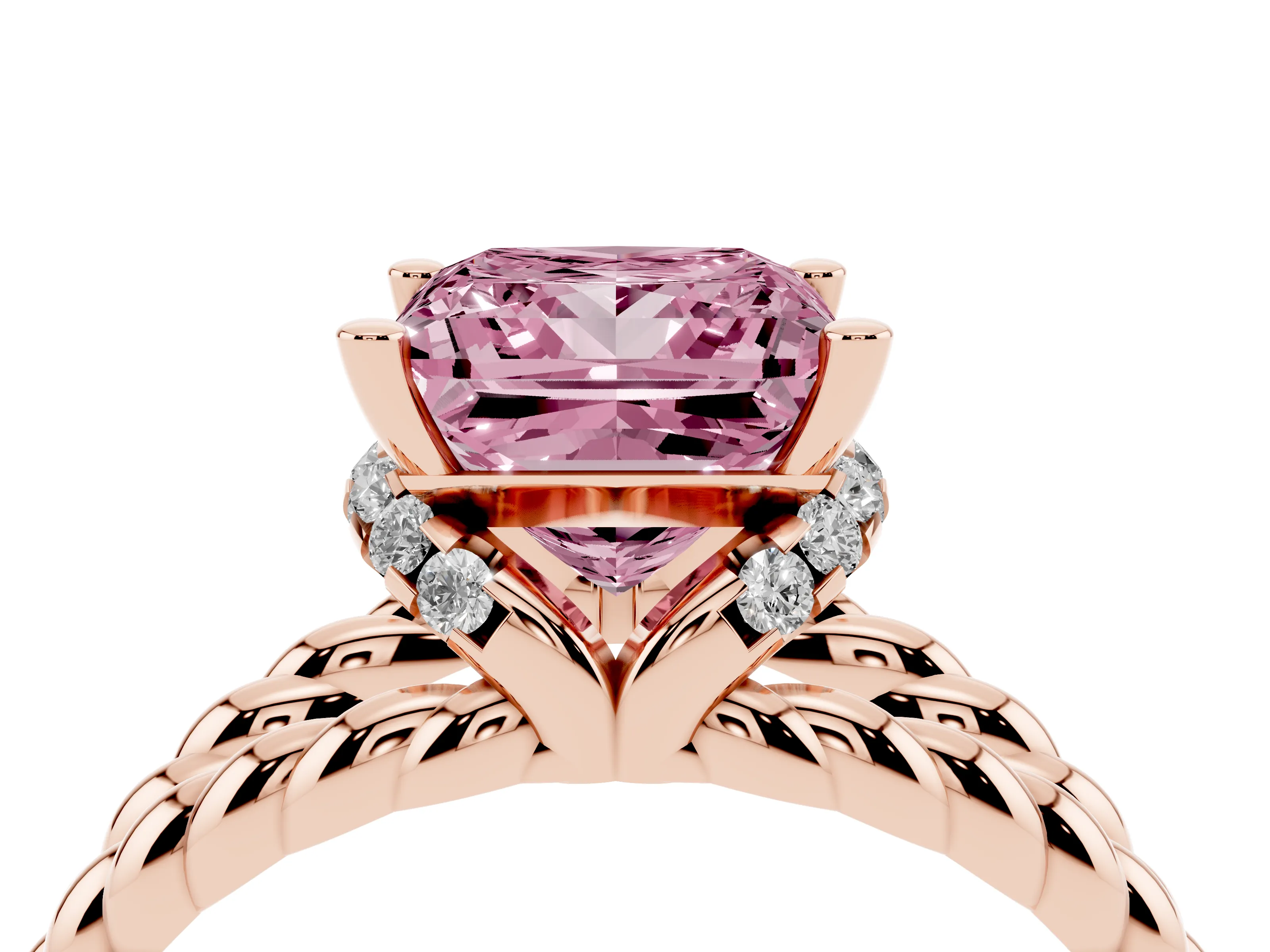 Fancy Pink Princess Cut Diamond Halo Ring Set in Rose gold with Twisted Band and Prong Setting