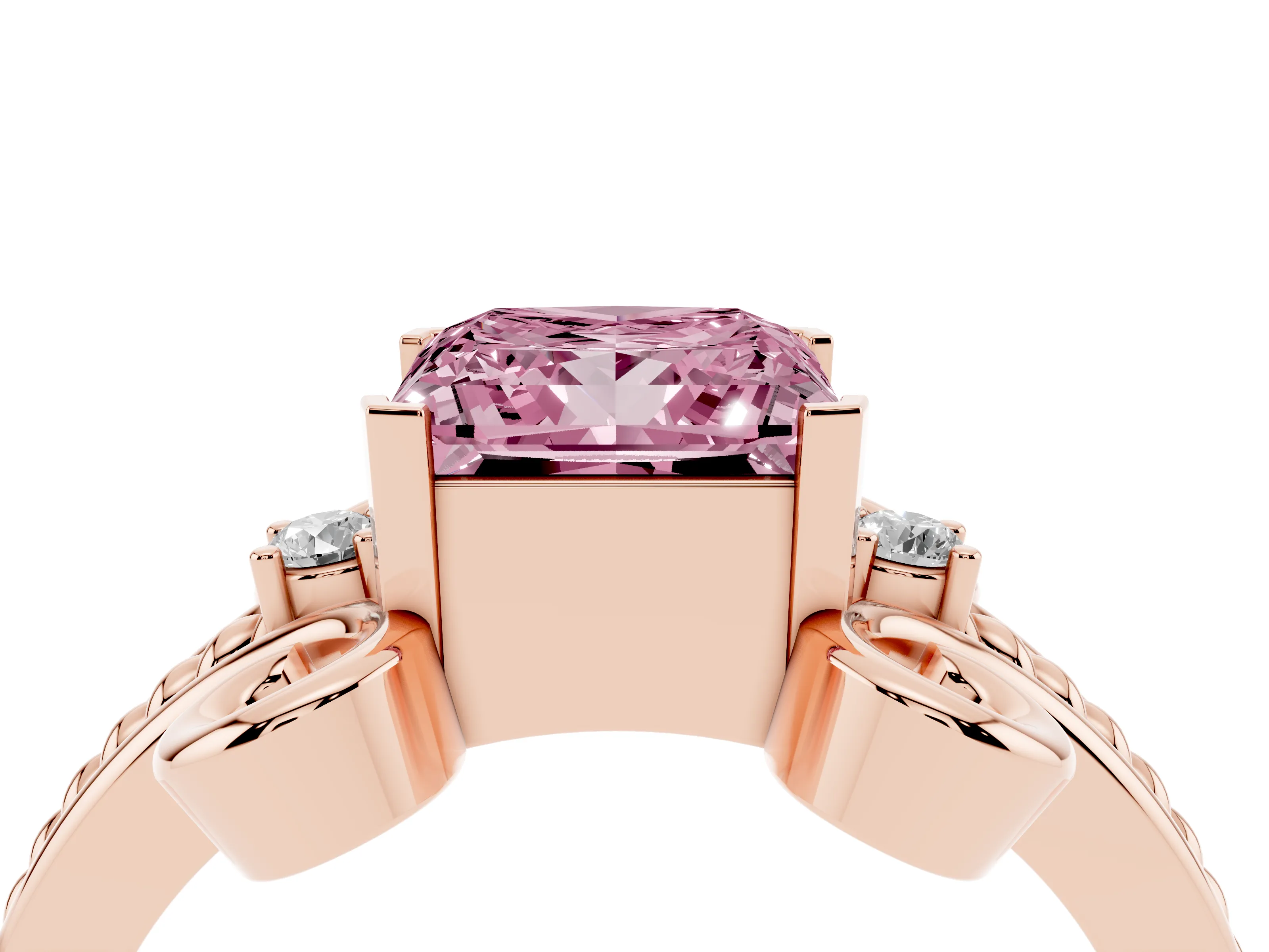 Fancy Pink Princess Cut Diamond Twisted Band Solitaire Ring Set in Rose gold with Scroll Prongs