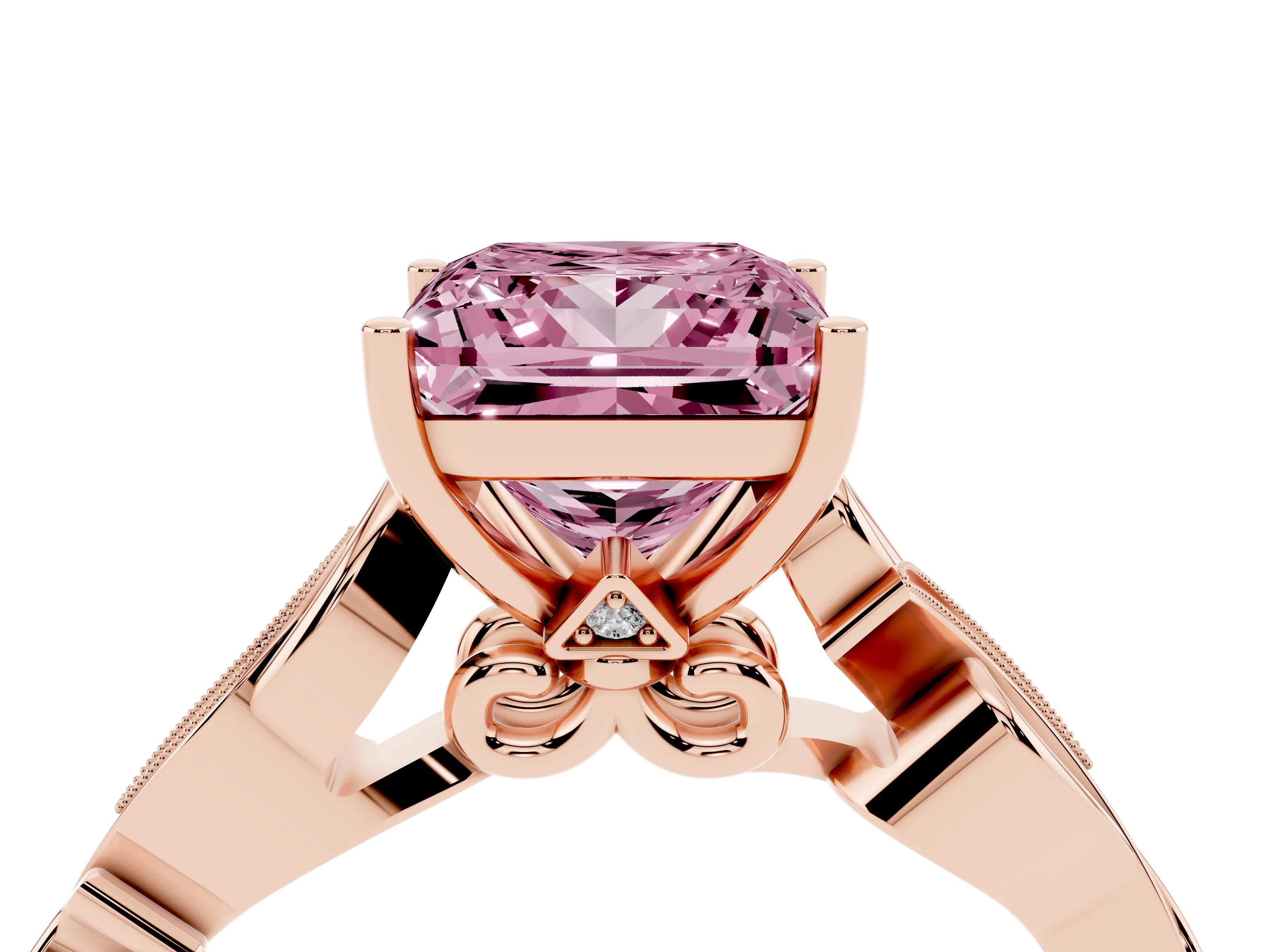 Fancy Pink Princess Cut Diamond Vine Band Solitaire Ring Set in Rose gold with Milgrain Prong Setting
