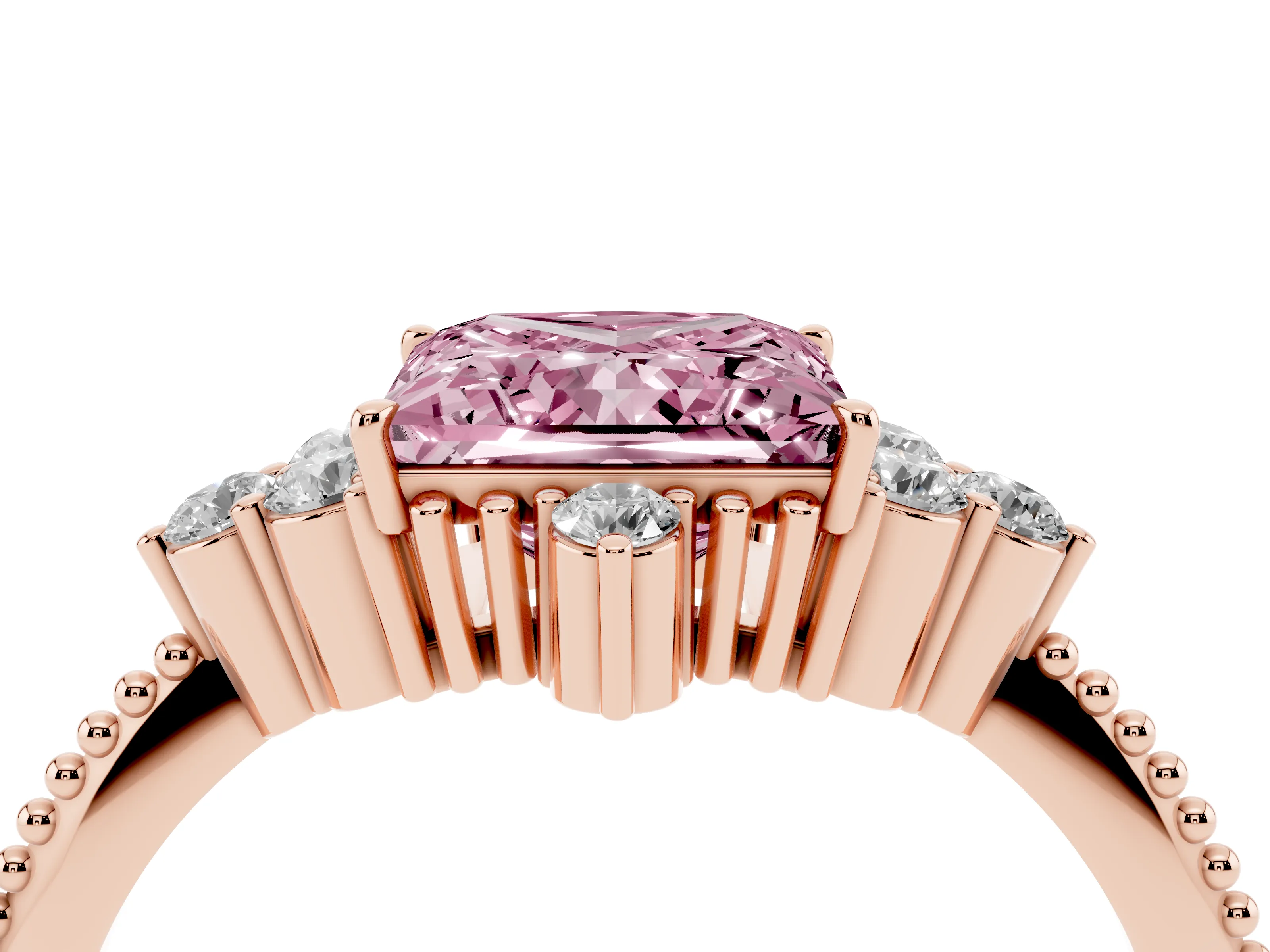 Fancy Pink Princess Cut Diamond Cluster Ring Set in Rose gold with Beaded Band