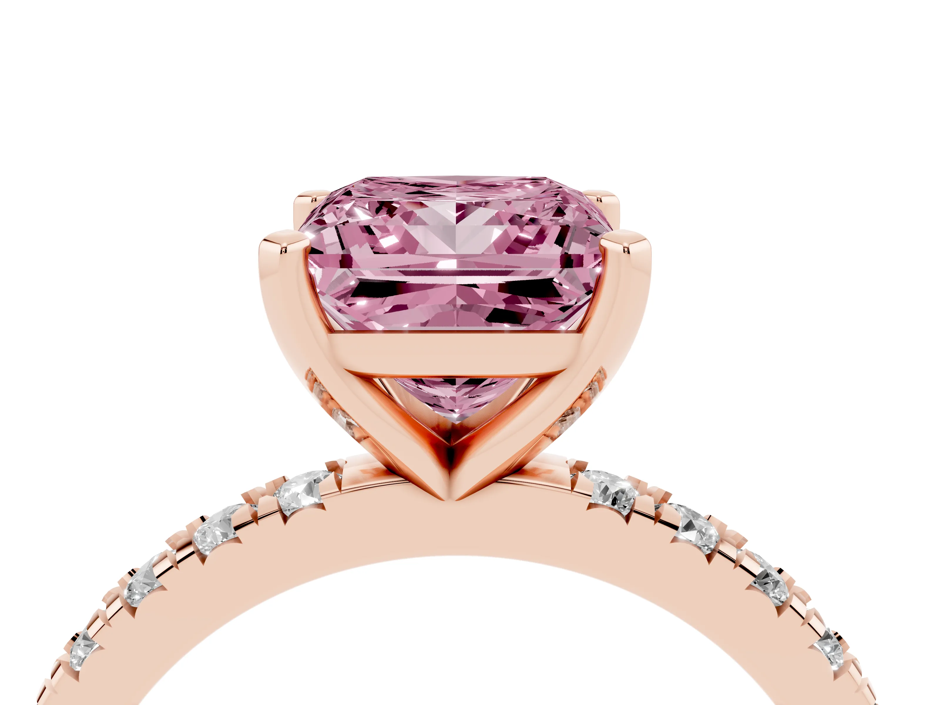 Fancy Pink Princess Cut Diamond Pavé Band Solitaire Set in Rose gold with Prong Setting