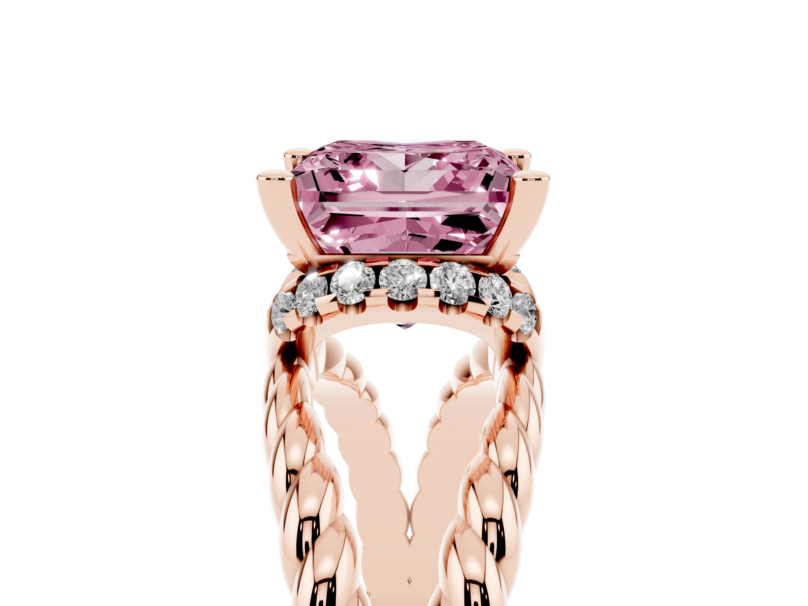 Fancy Pink Princess Cut Diamond Halo Ring Set in Rose gold with Twisted Band and Prong Setting