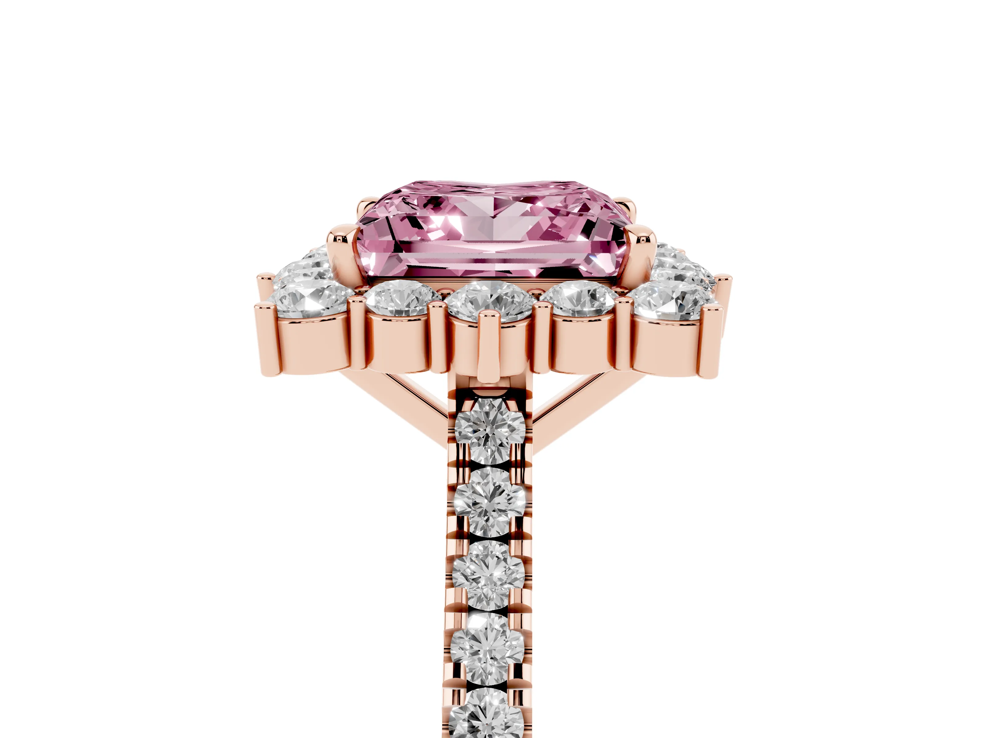 Fancy Pink Princess Cut Diamond Halo Ring Set in Rose gold with Pavé Band and Prong Setting