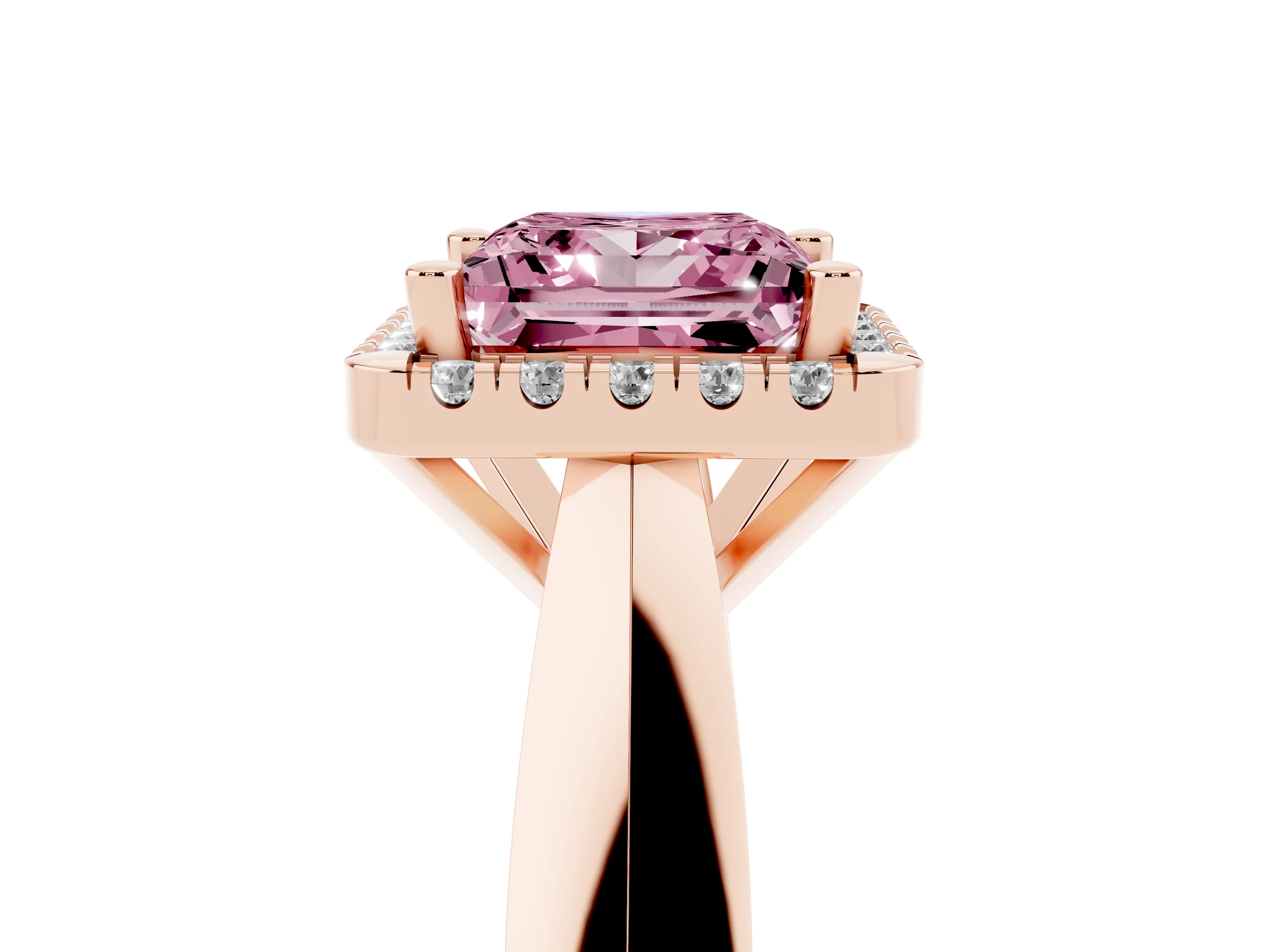 Fancy Pink Princess Cut Diamond Halo Solitaire Engagement Ring Set in Rose gold with Square Band and Prong Setting