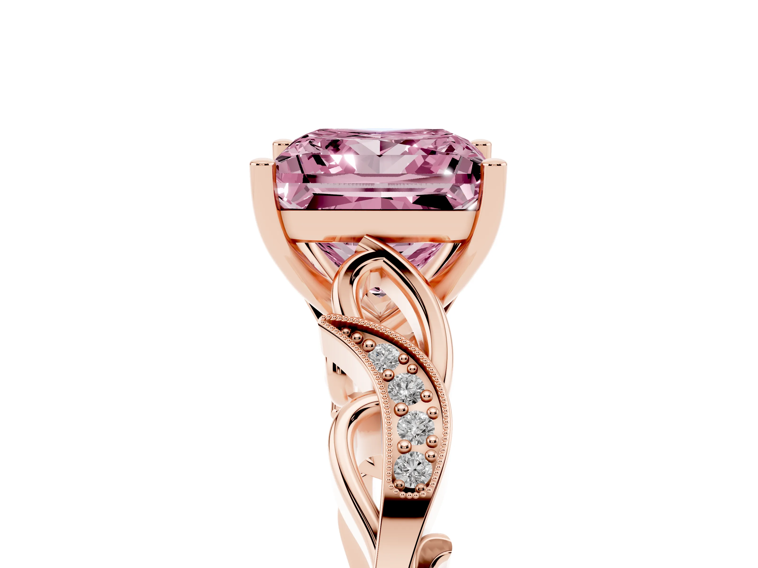 Fancy Pink Princess Cut Diamond Vine Band Solitaire Ring Set in Rose gold with Milgrain Prong Setting