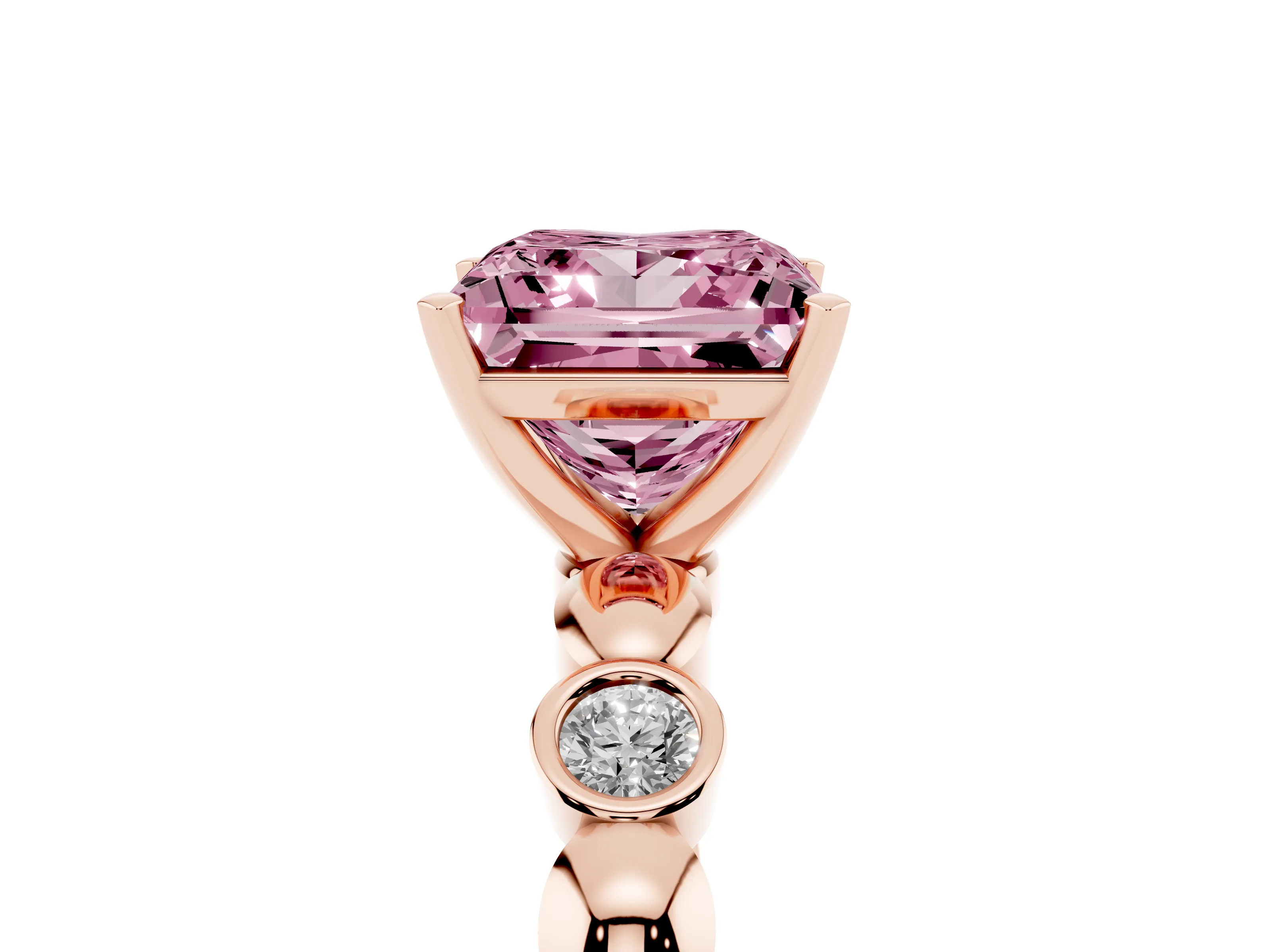 Fancy Pink Princess Cut Diamond Solitaire Ring Set in Rose gold with Bezel-Set Accents on Beaded Band and Prong Setting