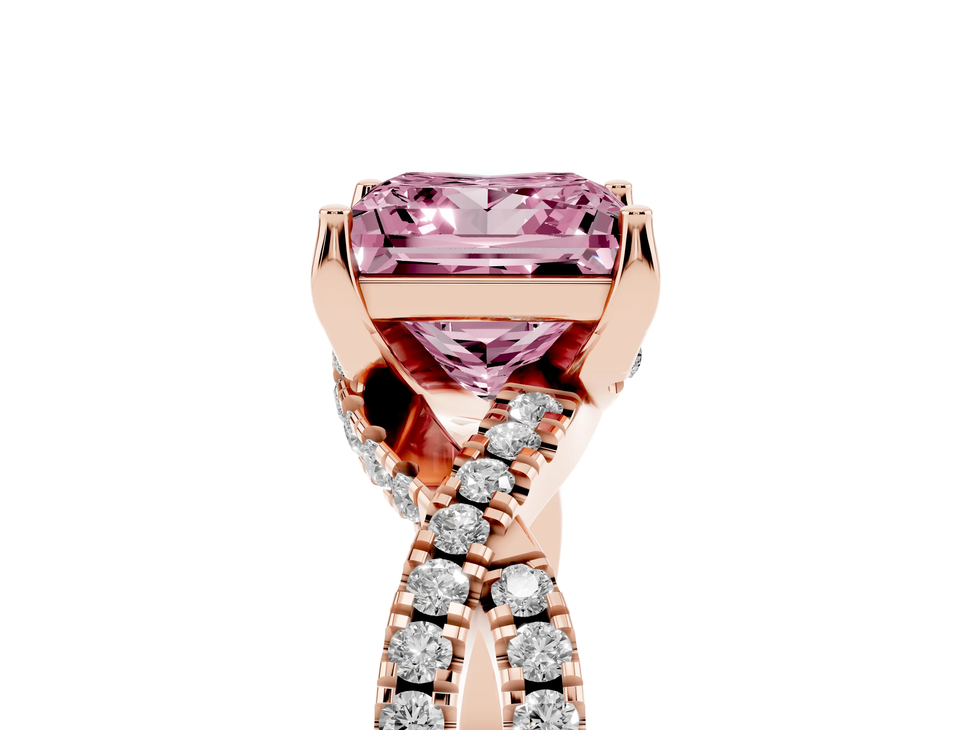 Fancy Pink Princess Cut Diamond Twist Pavé Solitaire Engagement Ring Set in Rose gold with Prong Setting