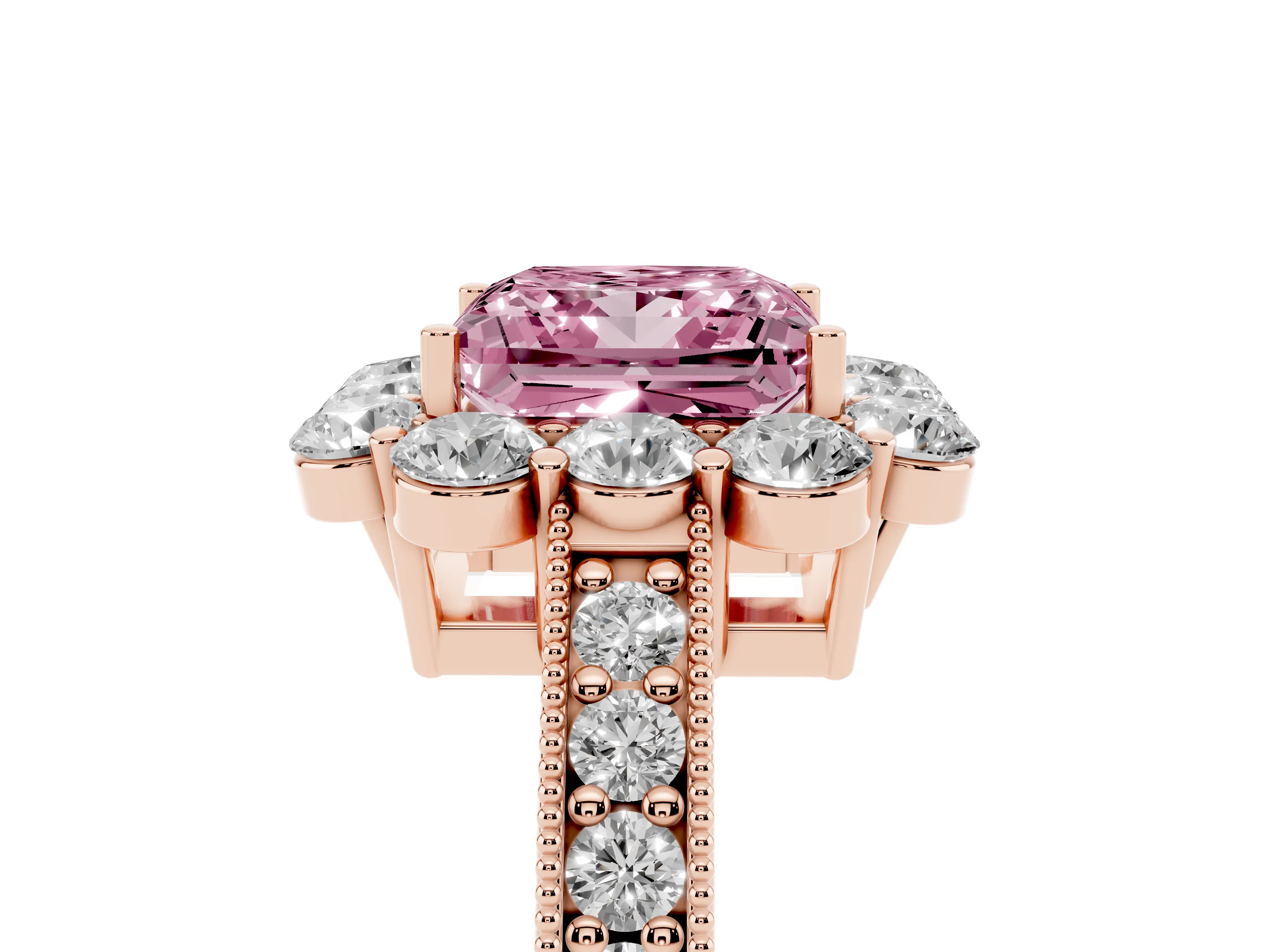 Fancy Pink Princess Cut Diamond Halo Pavé Engagement Ring Set in Rose gold with Milgrain Detailing