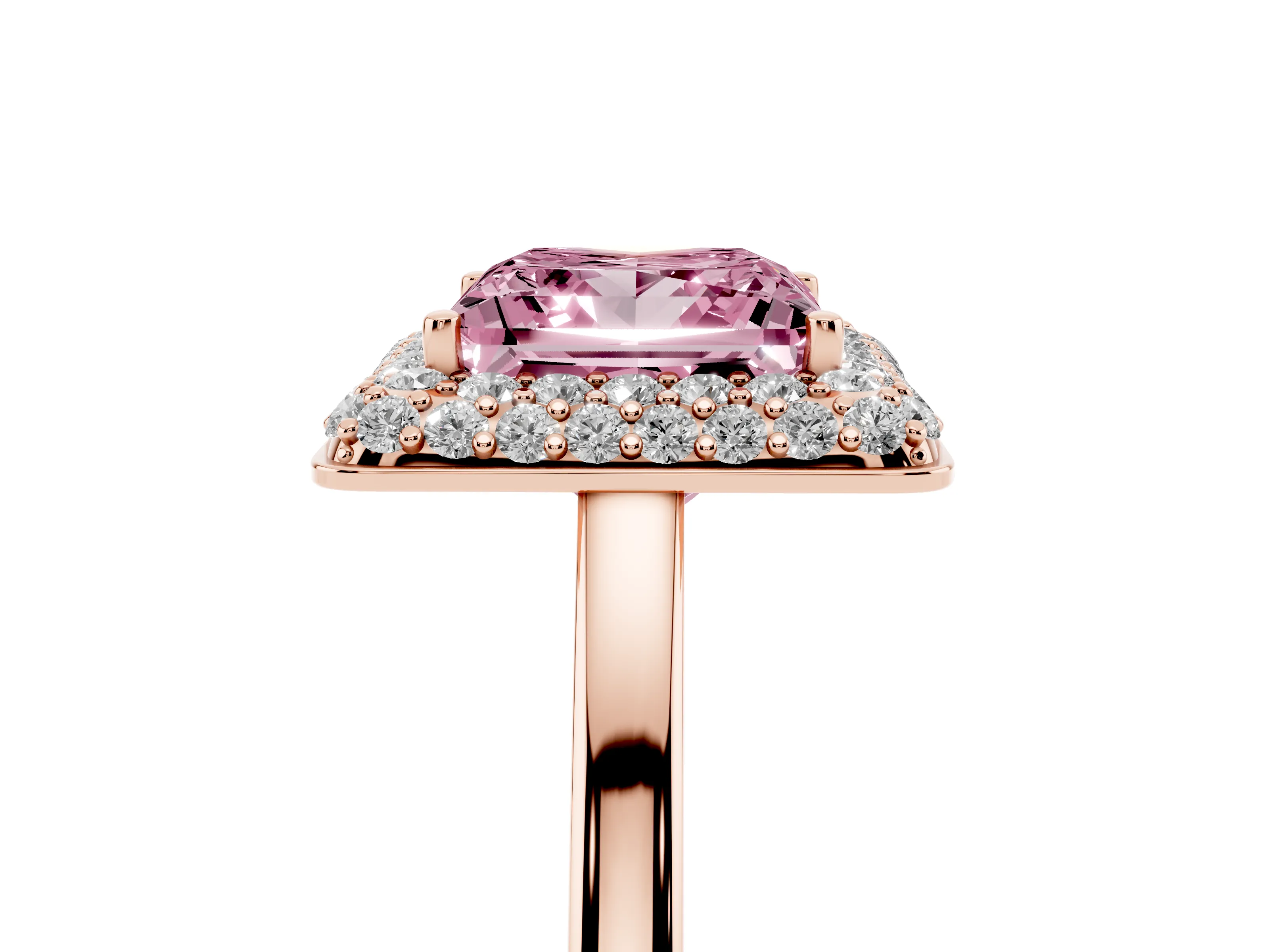 Fancy Pink Princess Cut Diamond Halo Engagement Ring Set in Rose gold with Solitaire Band and Prong Setting
