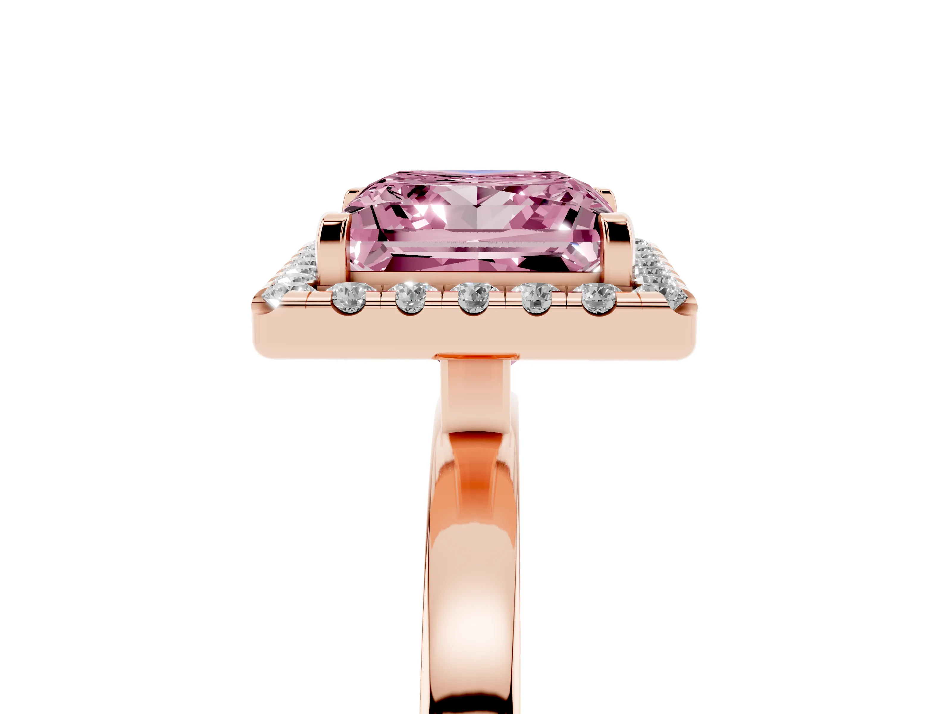 Fancy Pink Princess Cut Diamond Halo Solitaire Ring Set in Rose gold with Pavé Band and Prong Setting