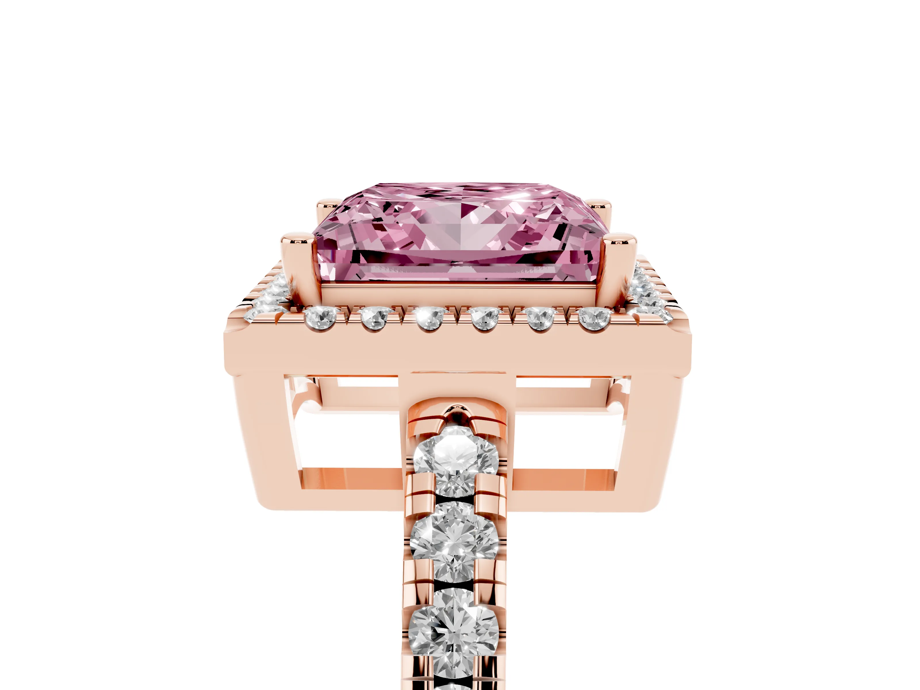 Fancy Pink Princess Cut Diamond Halo Ring Set in Rose gold with Delicate Pavé Band and Prong Setting