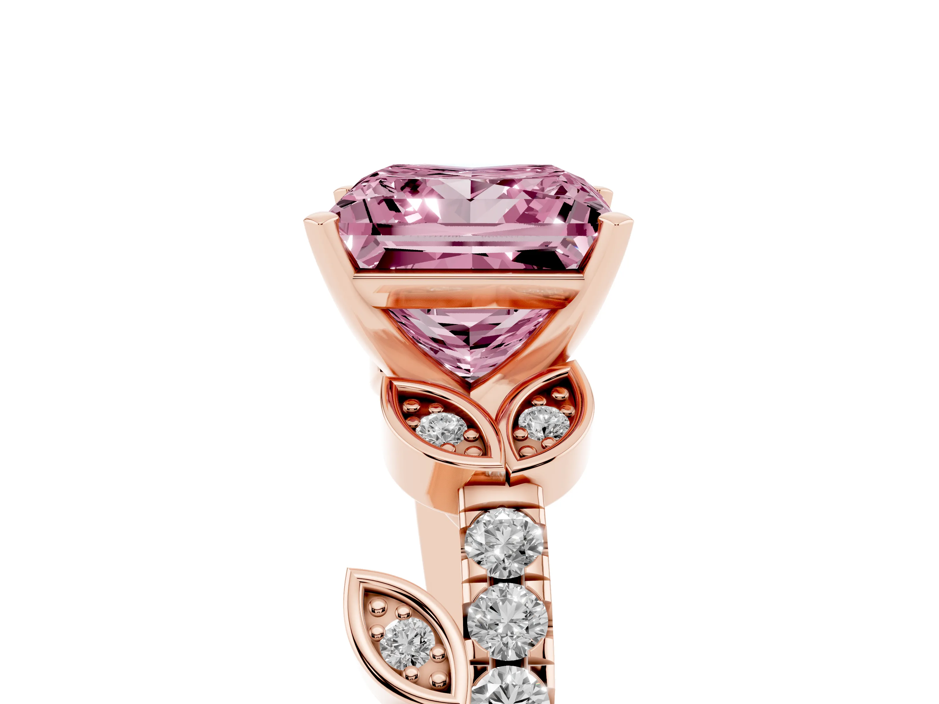Fancy Pink Princess Cut Diamond Solitaire Leaf-Inspired Ring Set in Rose gold with Pavé Band and Prong Setting