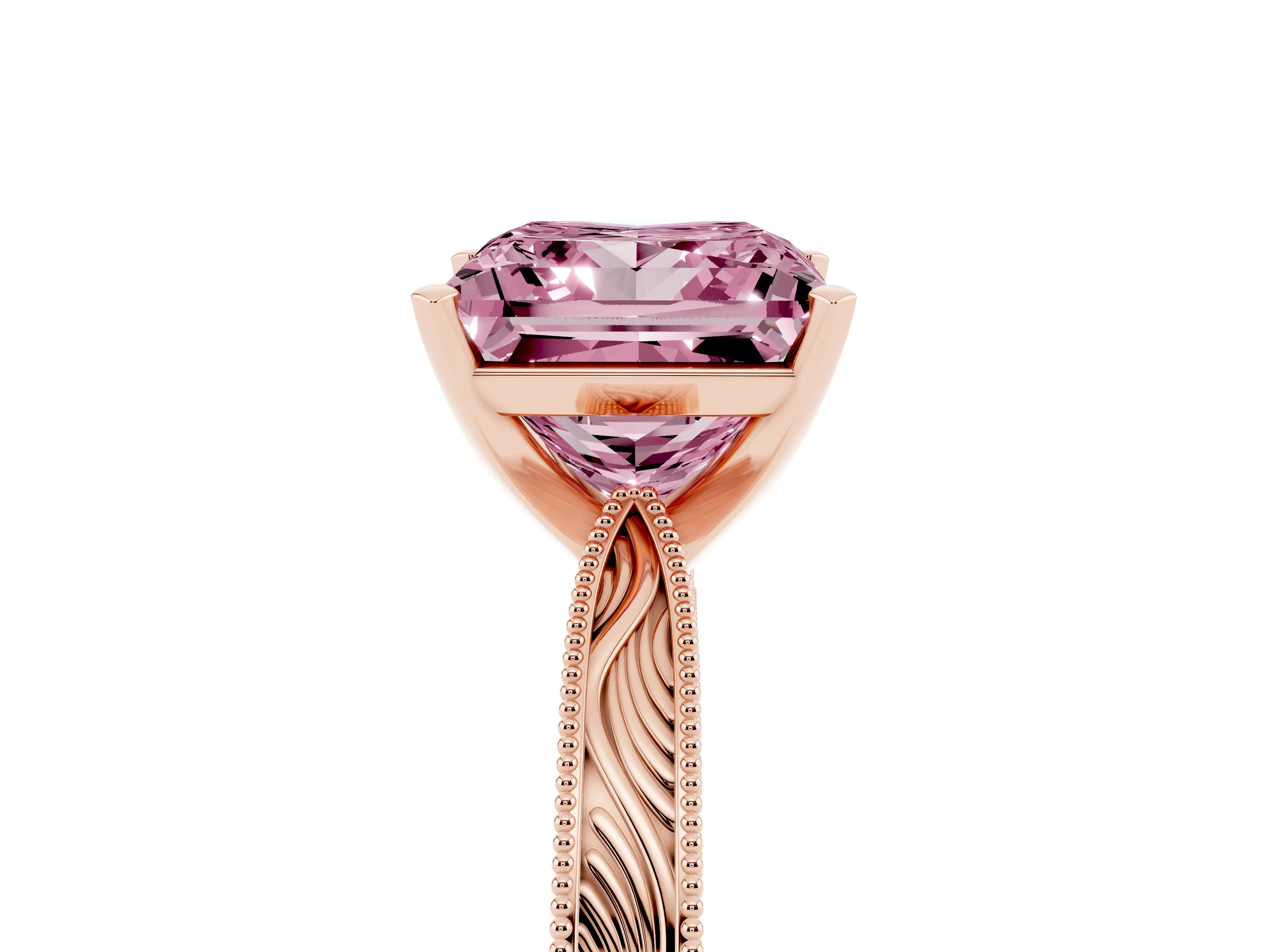 Fancy Pink Princess Cut Diamond Solitaire Milgrain Engraved Band Set in Rose gold with Prong Setting