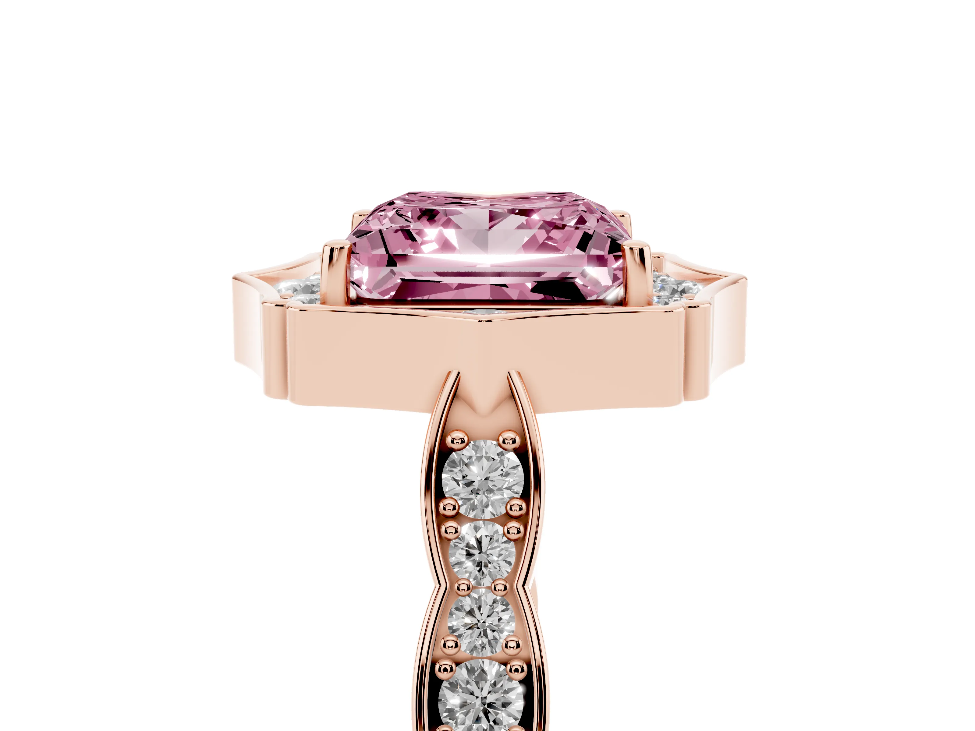Fancy Pink Princess Cut Diamond Halo Engagement Ring Set in Rose gold with Milgrain Band and Prong Setting