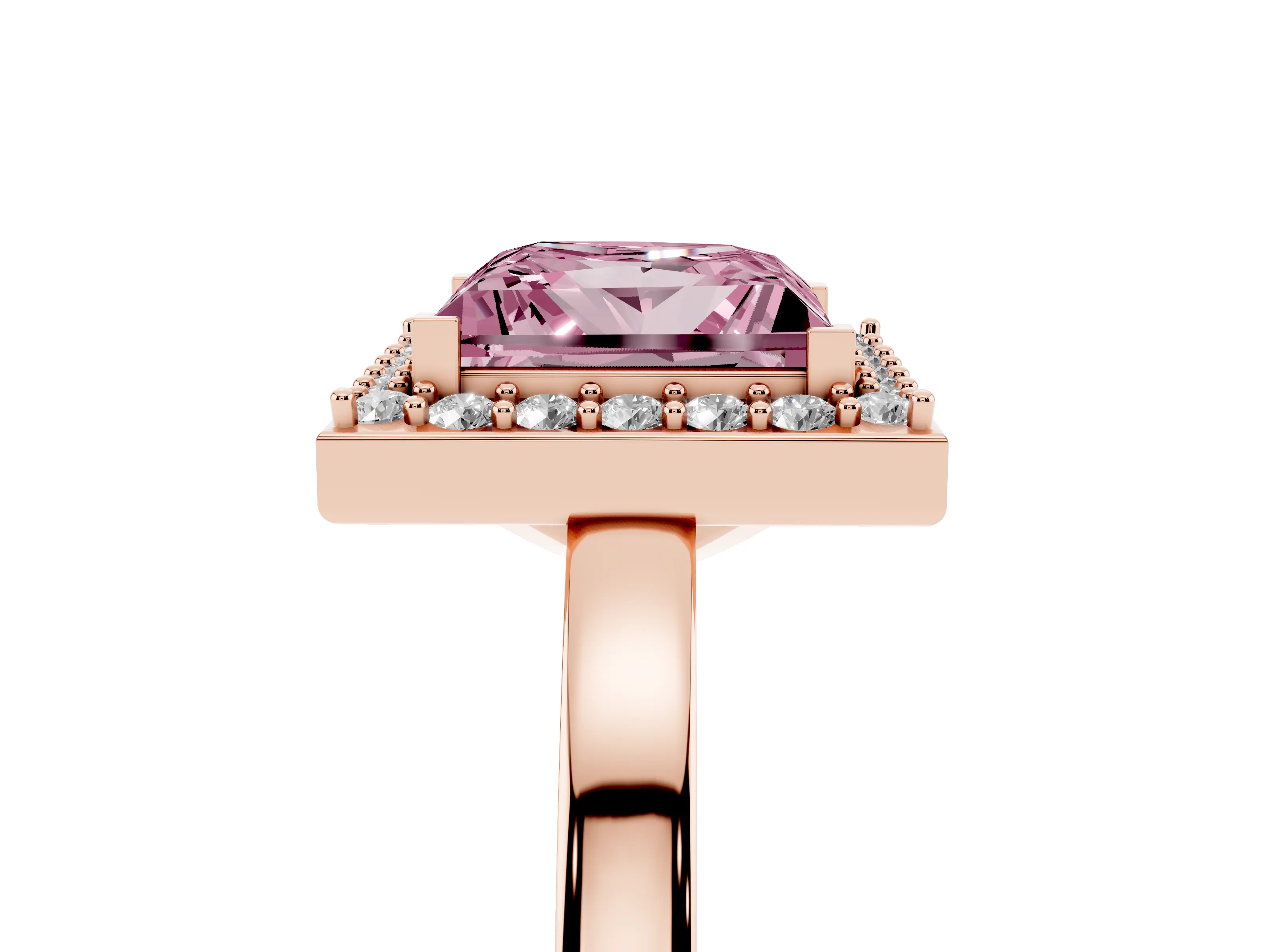 Fancy Pink Princess Cut Diamond Halo Ring Set in Rose gold with Solitaire Band and Prong Setting