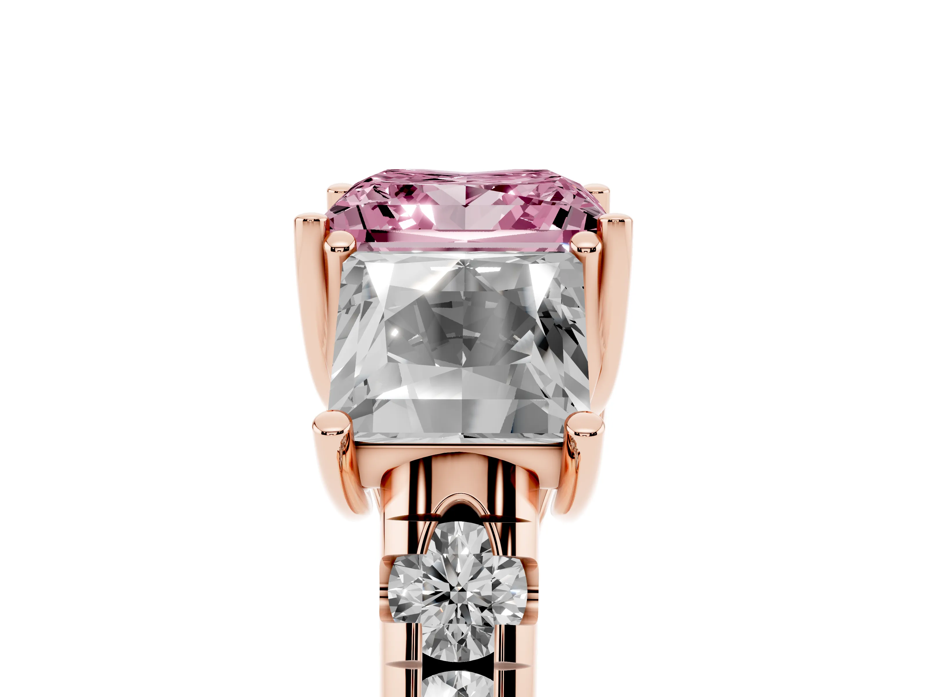 Fancy Pink Princess Cut Diamond Three-Stone Ring Set in Rose gold with Pavé Band