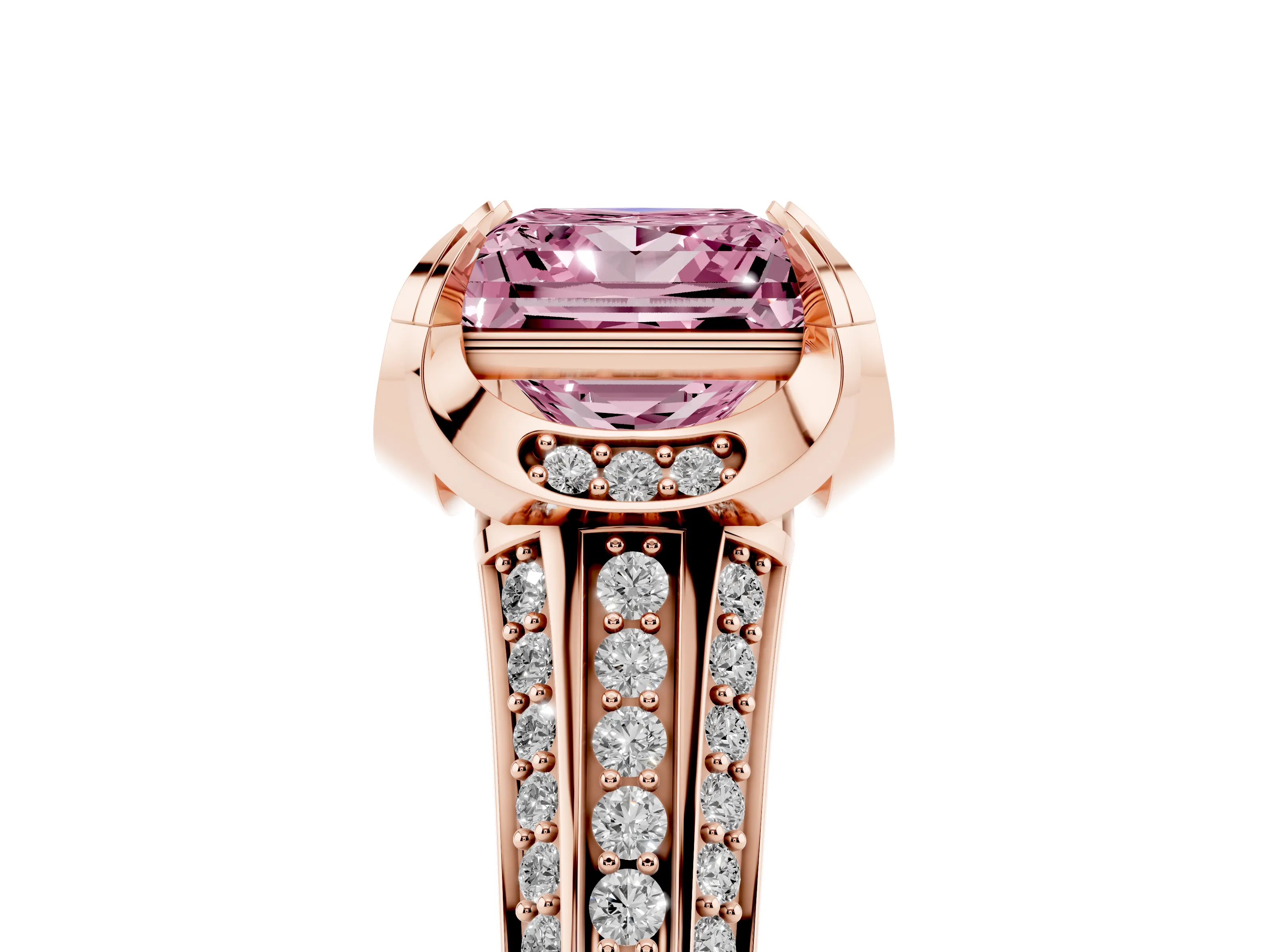 Fancy Pink Princess Cut Diamond Pavé Split Shank Solitaire Ring Set in Rose gold with Prong Setting
