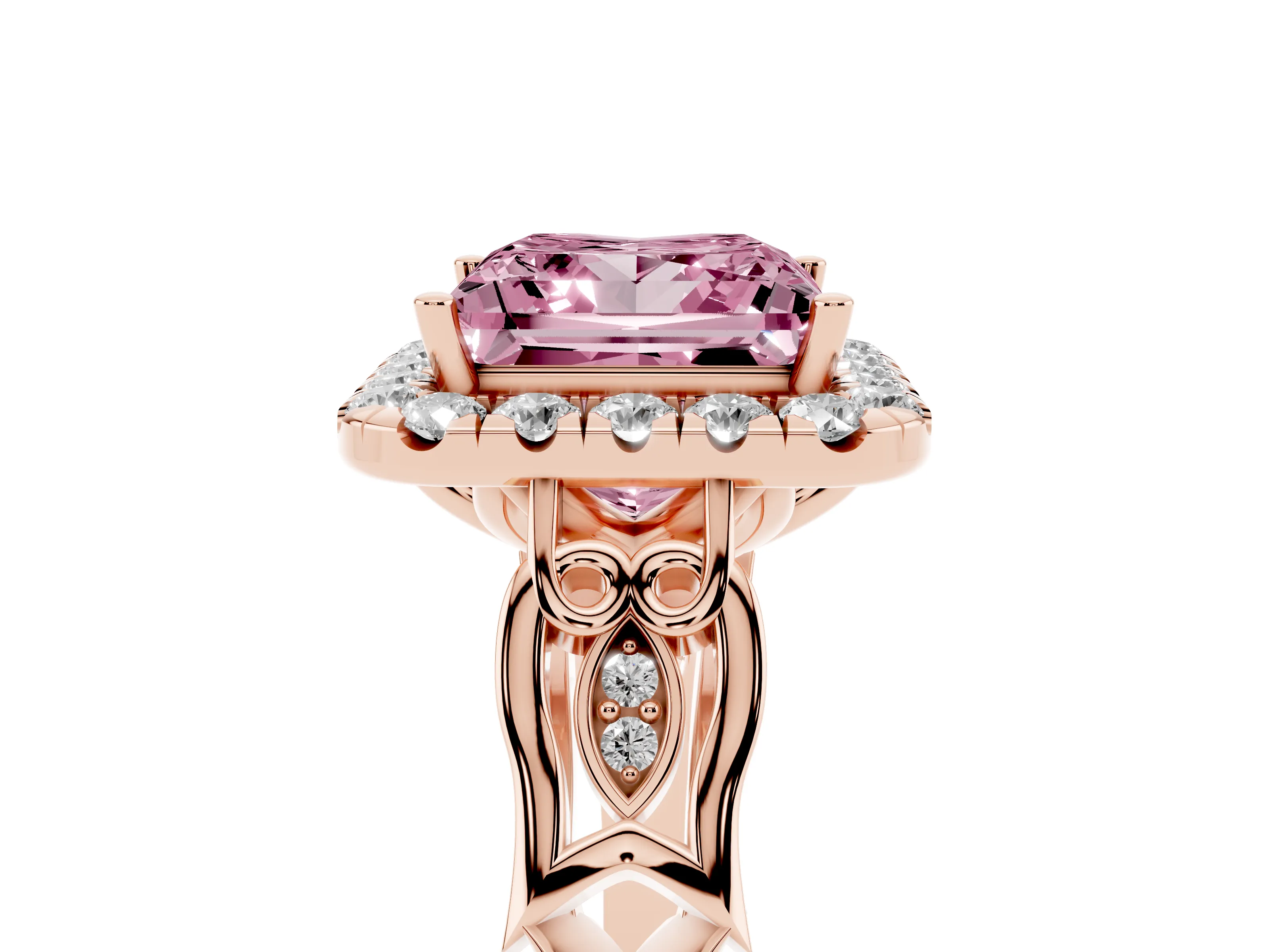 Fancy Pink Princess Cut Diamond Halo Engagement Ring Set in Rose gold with Filigree Band and Prong-Set Center