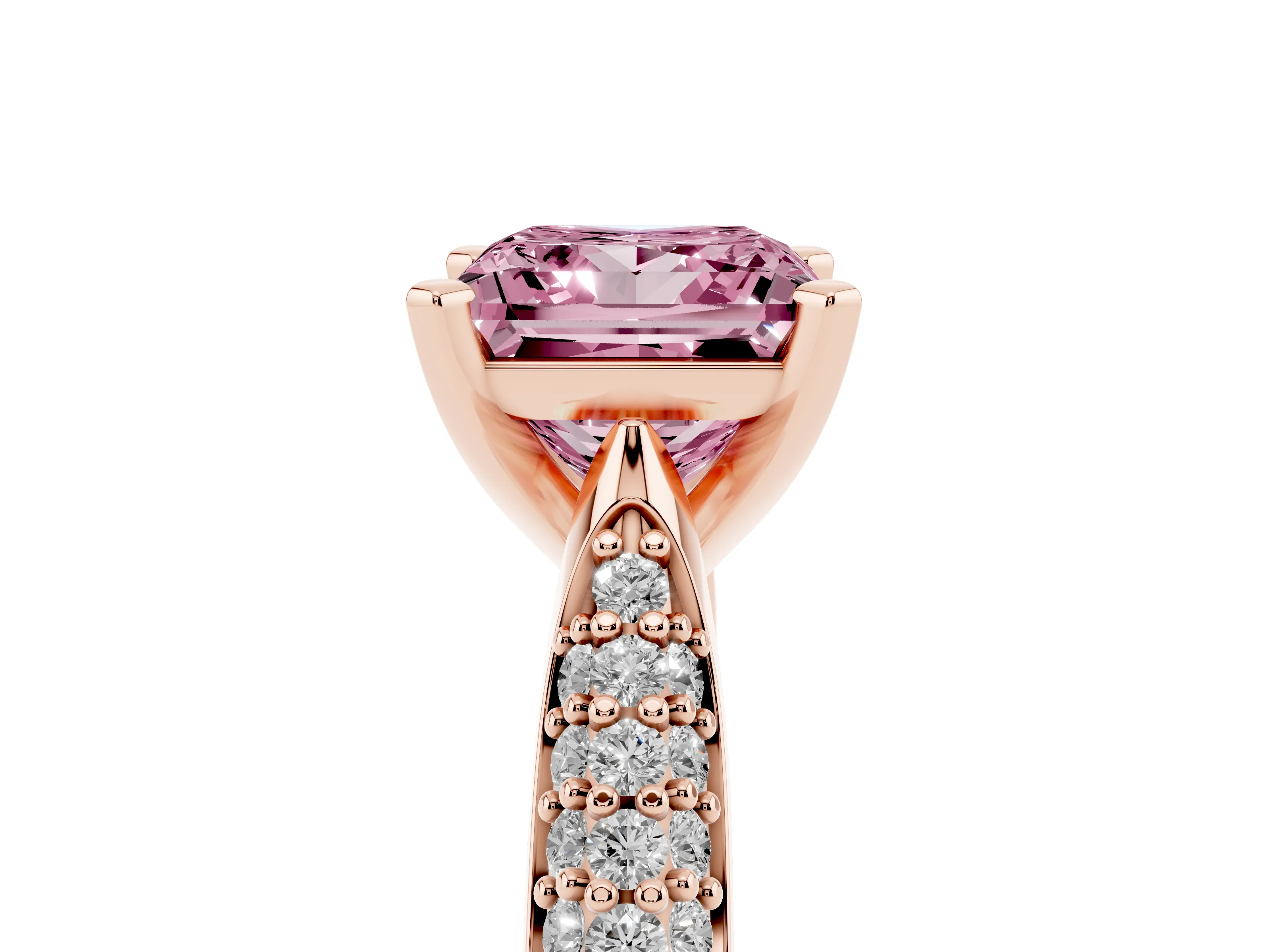 Fancy Pink Princess Cut Diamond Solitaire Engagement Ring Set in Rose gold with Multi-Row Round Pavé Band and Prong Setting