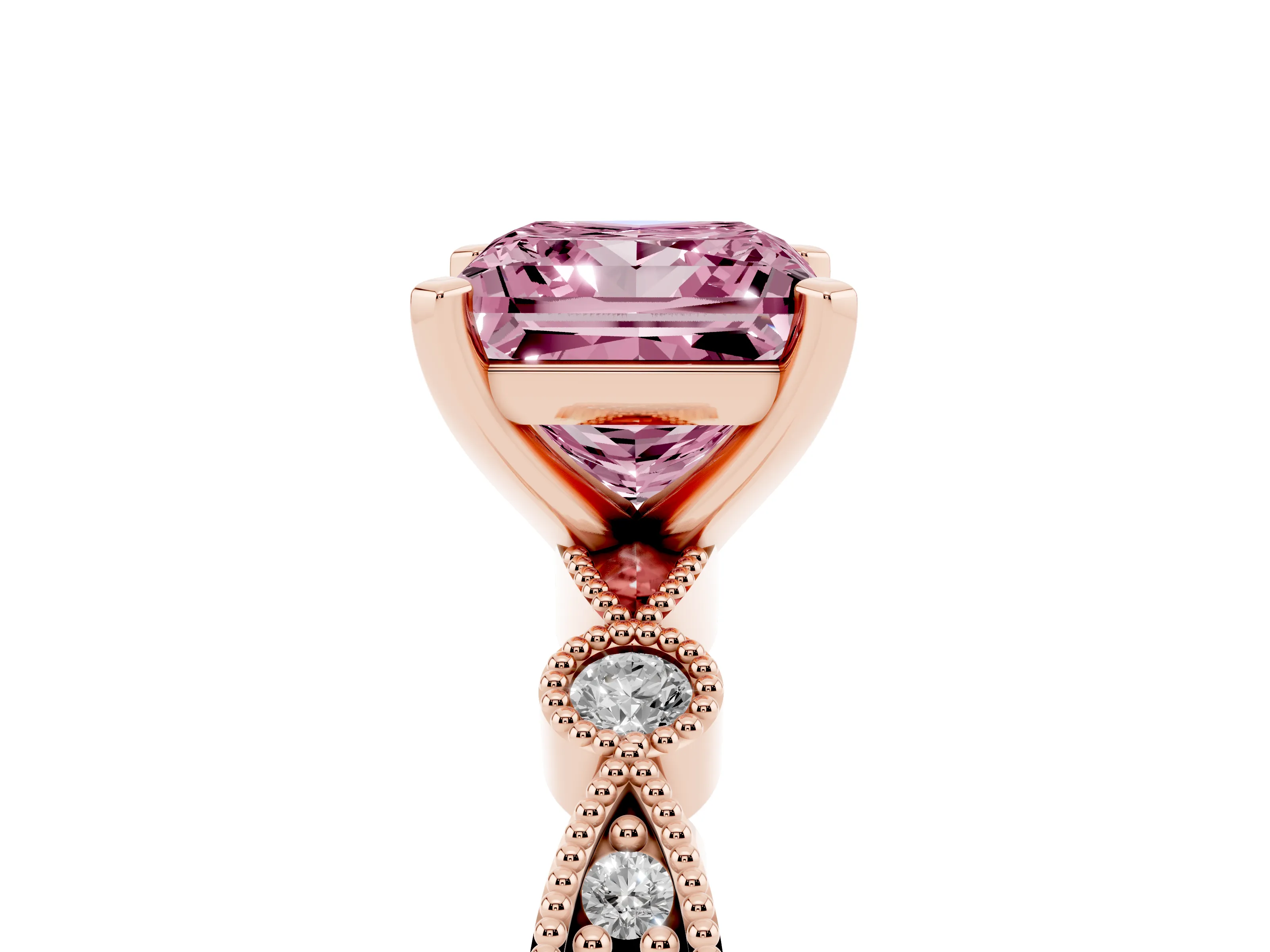 Fancy Pink Princess Cut Diamond Solitaire Engagement Ring Set in Rose gold with Milgrain Bezel Accent Band