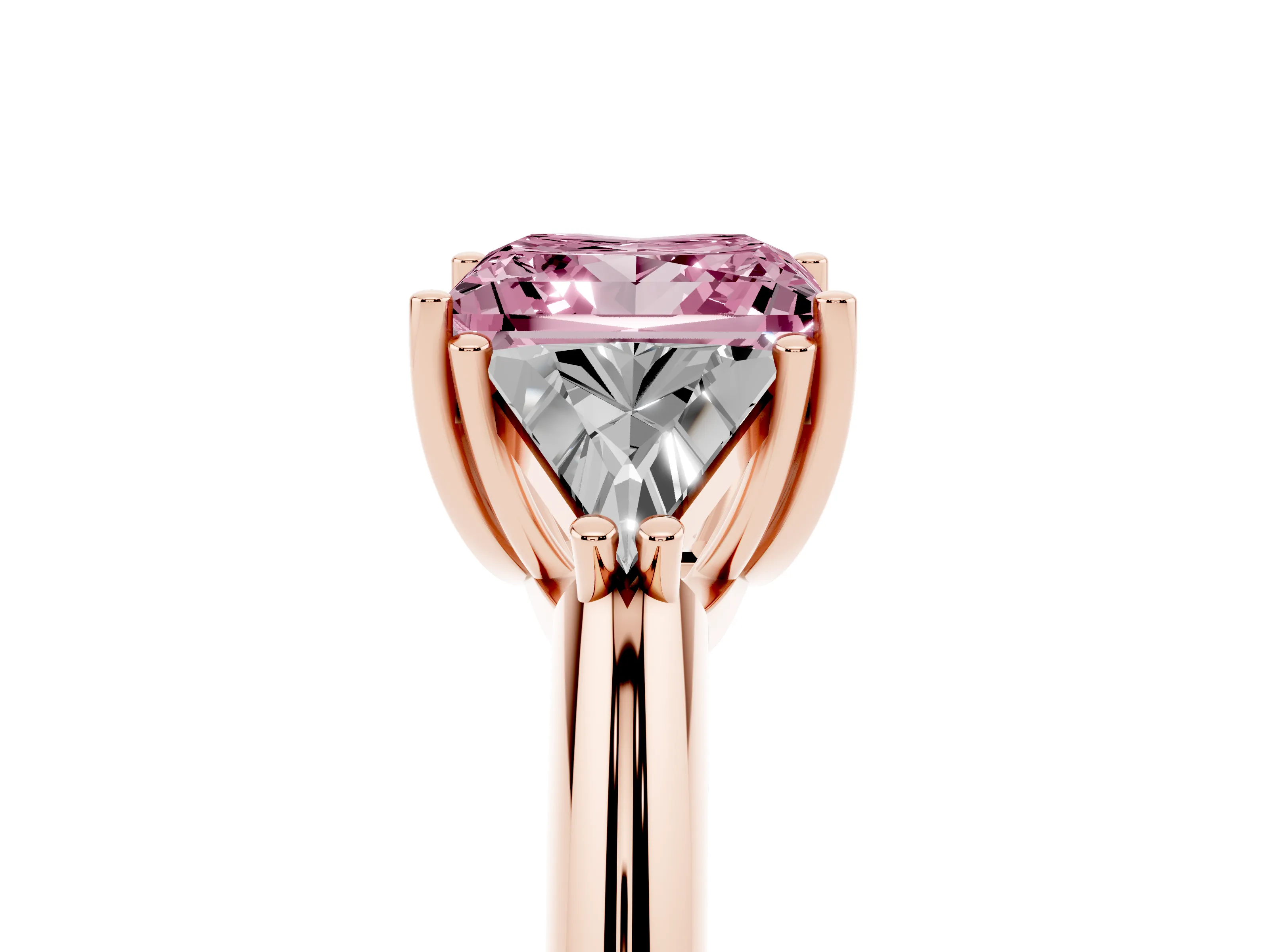 Fancy Pink Princess Cut Diamond Three-Stone Engagement Ring Set in Rose gold with Trillion Side Stones
