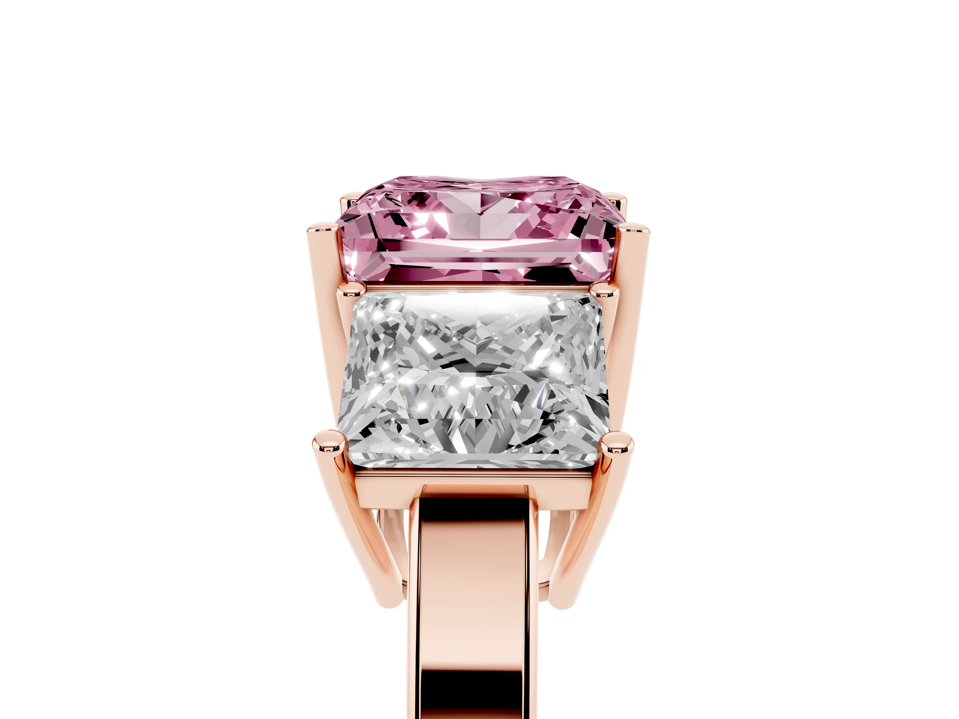 Fancy Pink Princess Cut Diamond Three-Stone Engagement Ring Set in Rose gold with Flat Band