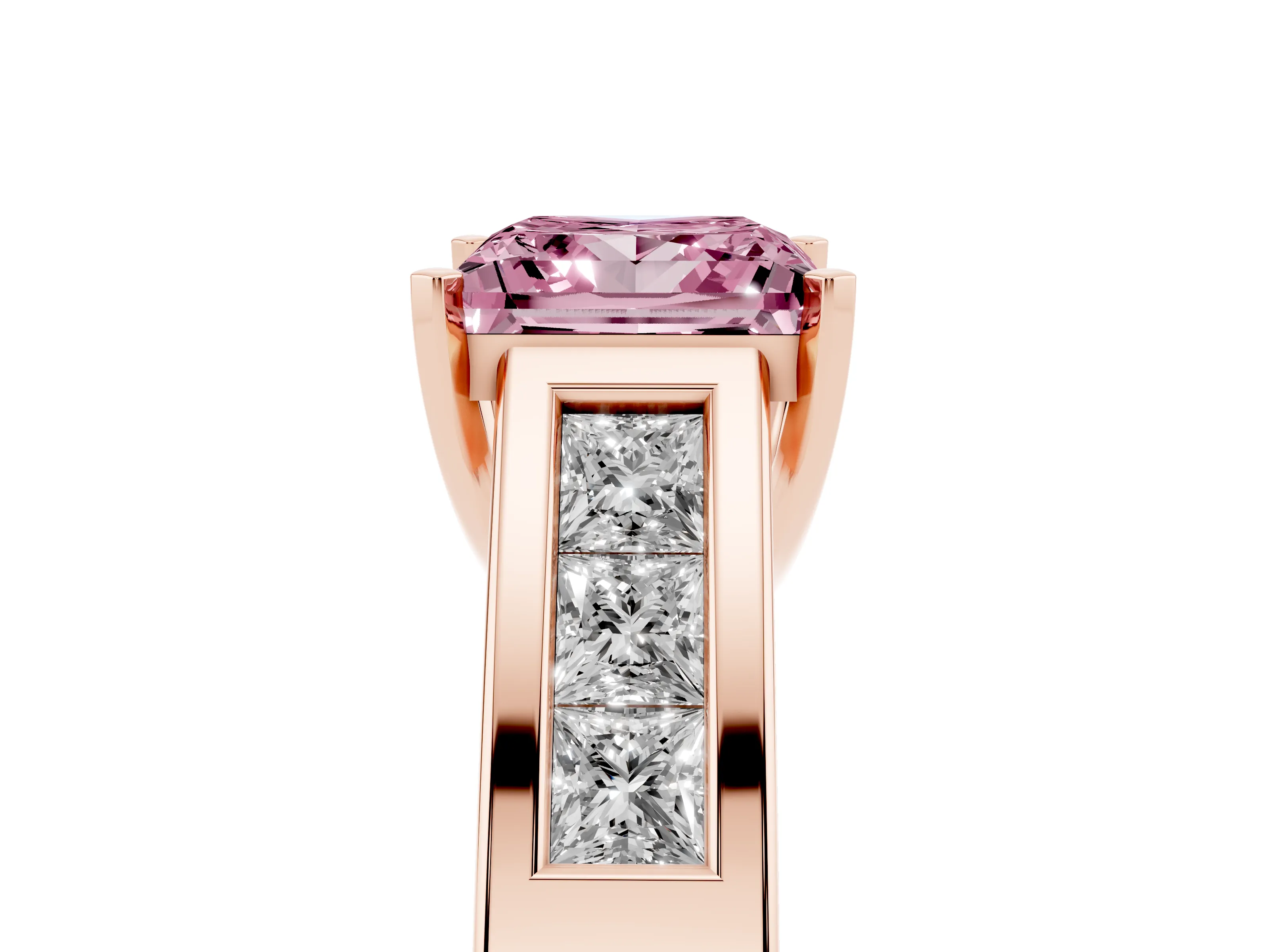 Fancy Pink Princess Cut Diamond Solitaire Ring Set in Rose gold with Channel-Set Accent Stones and Prong Setting