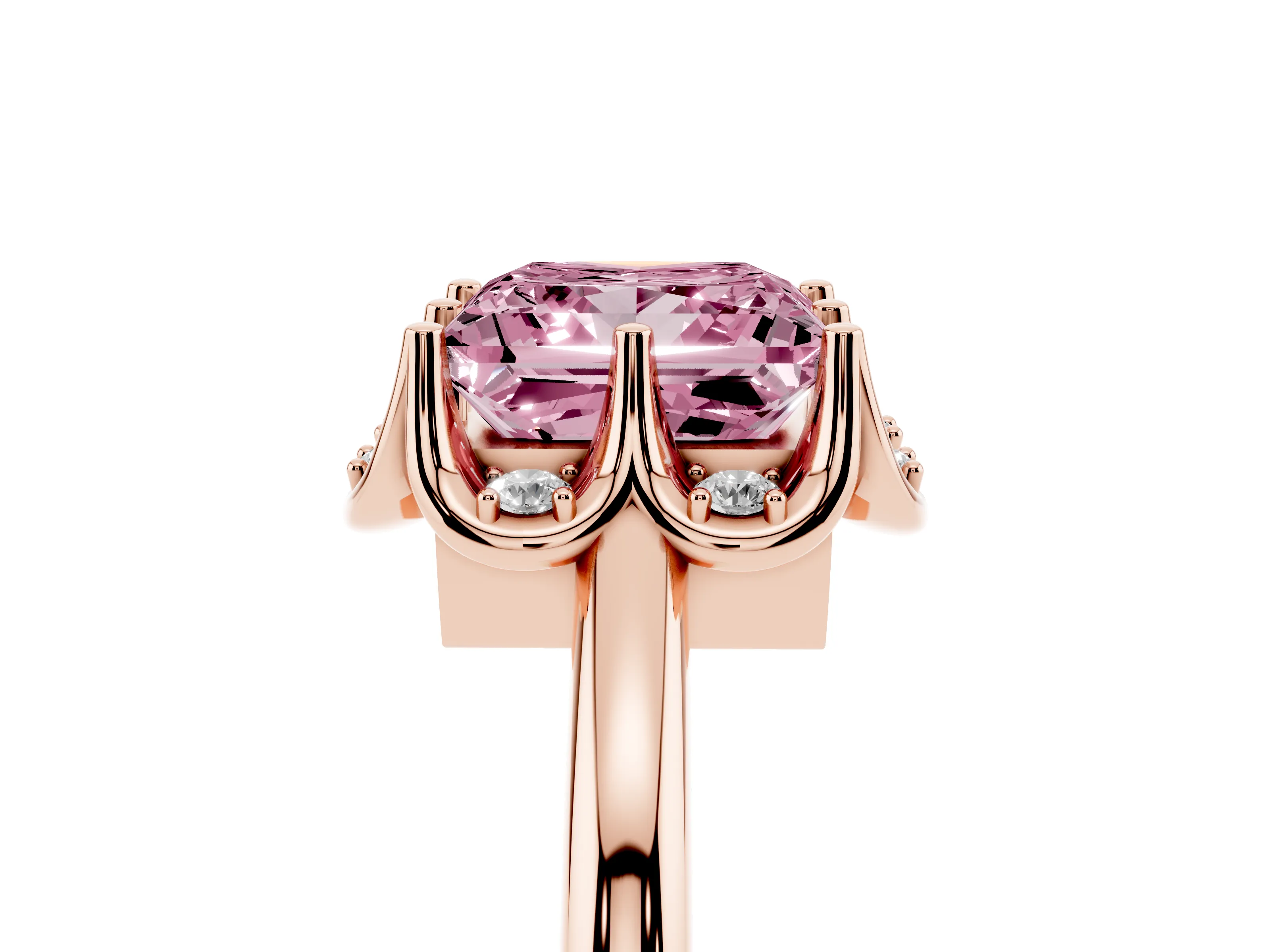 Fancy Pink Princess Cut Diamond Round Cluster Halo Ring Set in Rose gold with Solitaire Band and Prong Setting