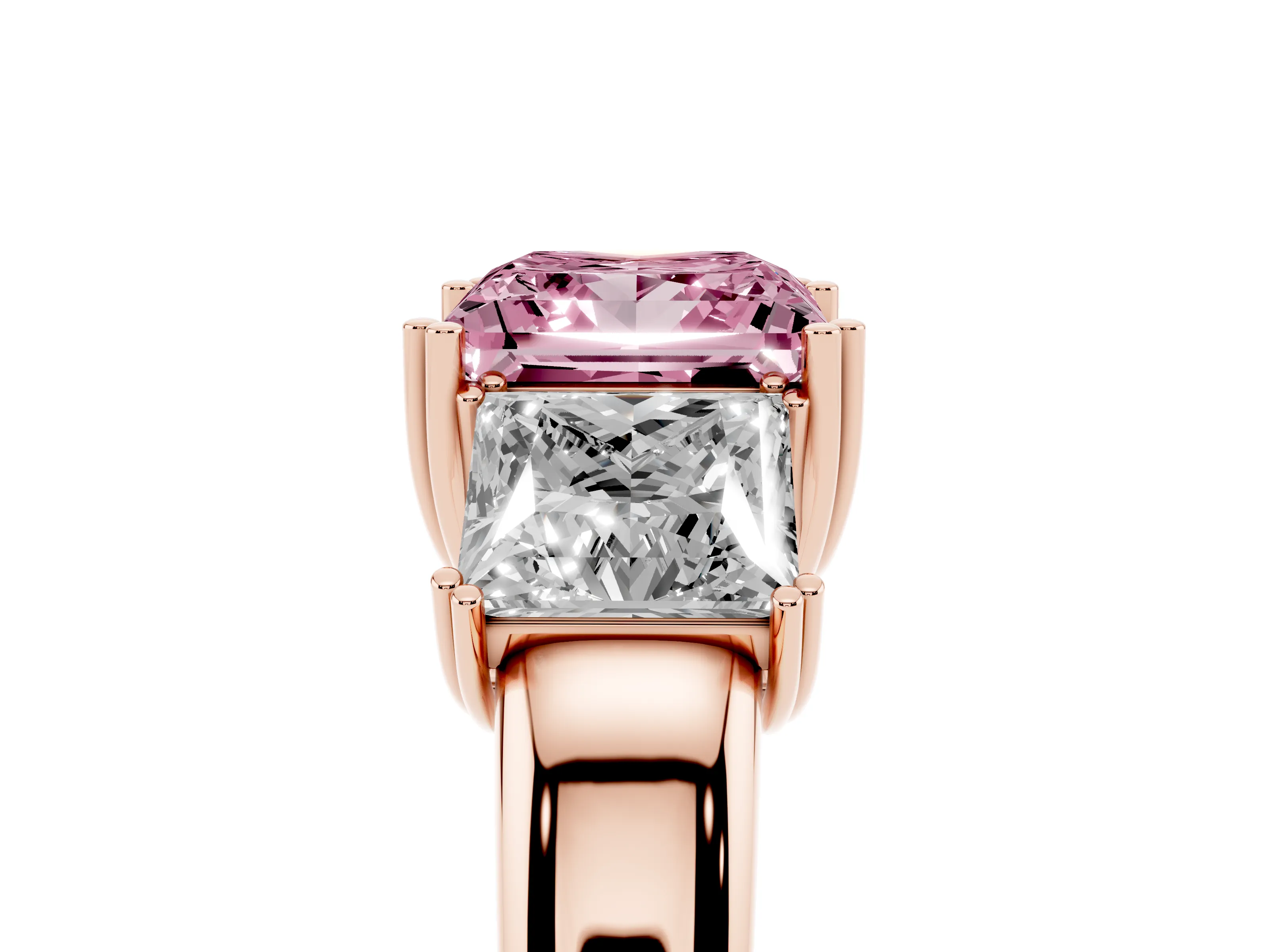 Fancy Pink Princess Cut Diamond Three-Stone Ring Set in Rose gold with Polished Channel-Set Band