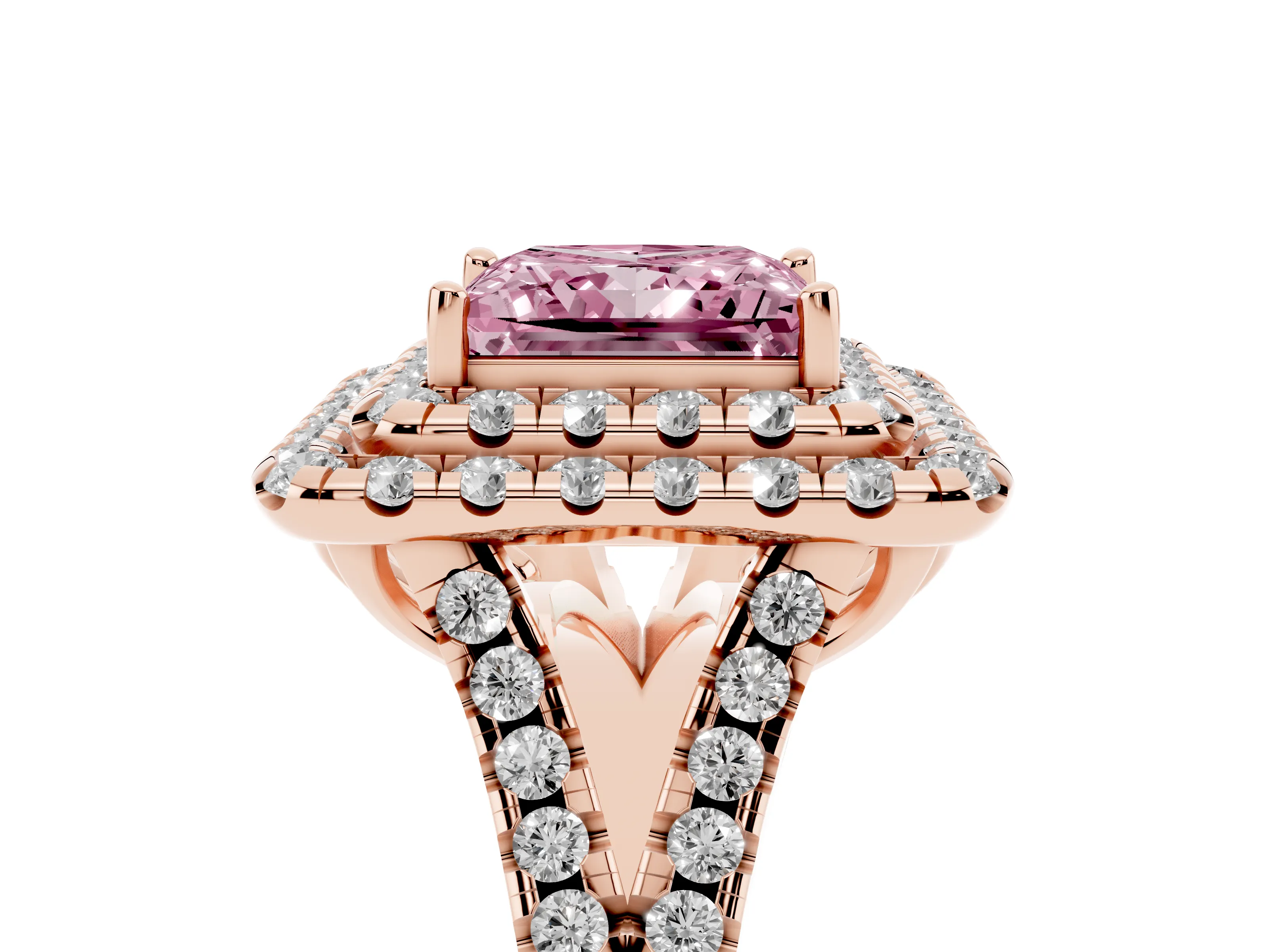 Fancy Pink Princess Cut Diamond Double Halo Ring Set in Rose gold with Pavé Split Shank and Prong Setting